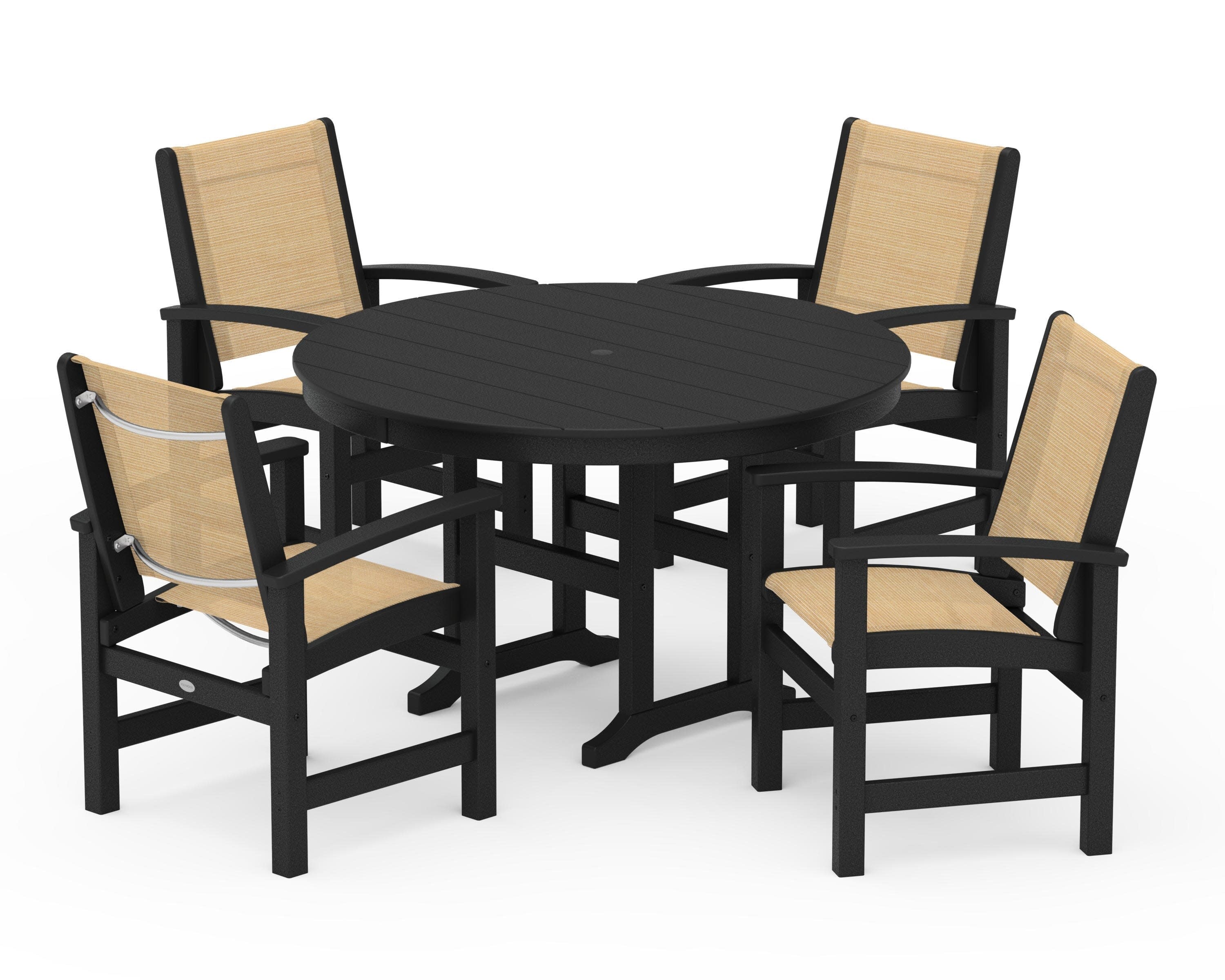 Coastal 5-Piece Round Farmhouse Dining Set in Black / Dupioni Apricot Sling