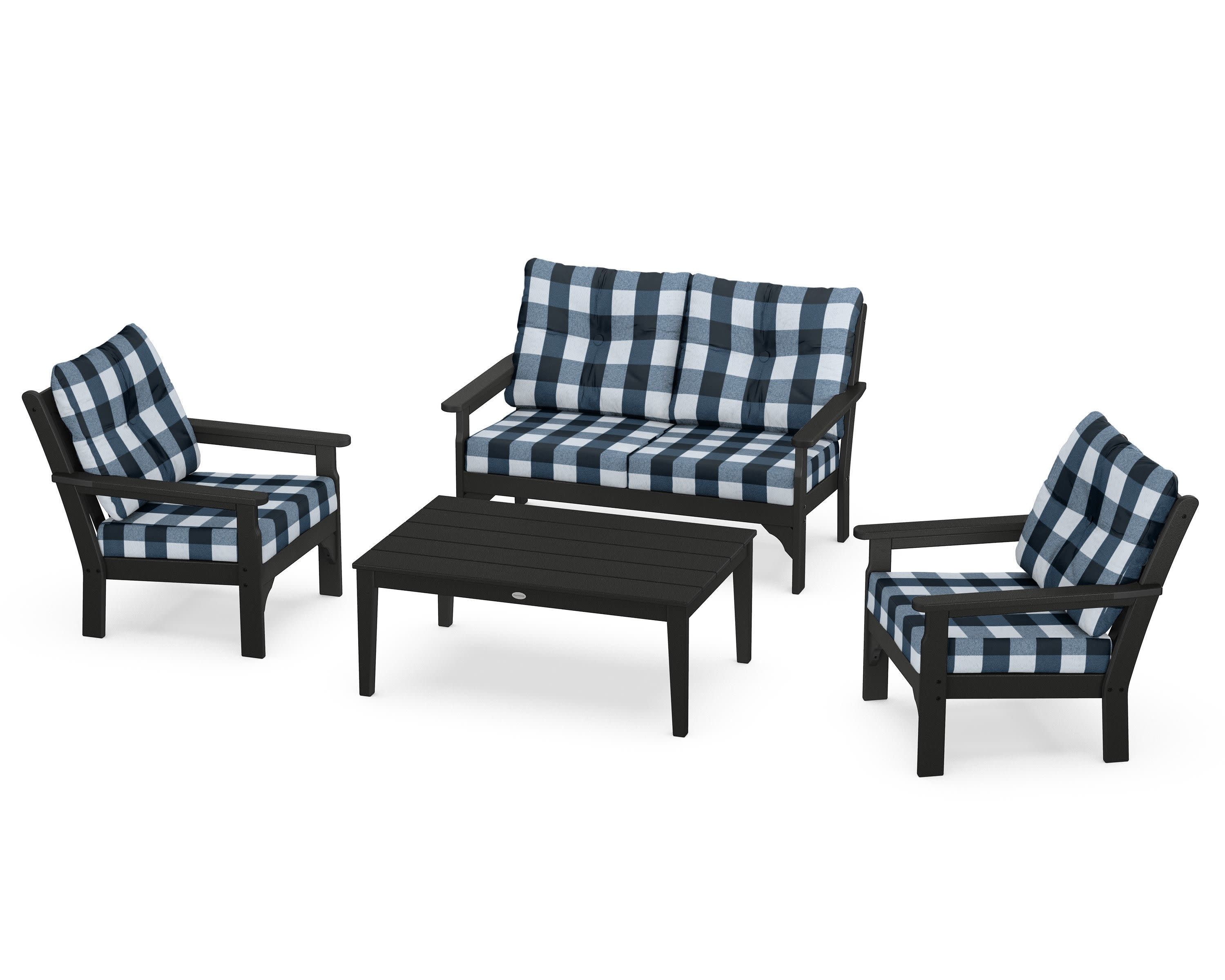 Vineyard 4-Piece Deep Seating Set in Black / Buffalo Plaid Marine Indigo