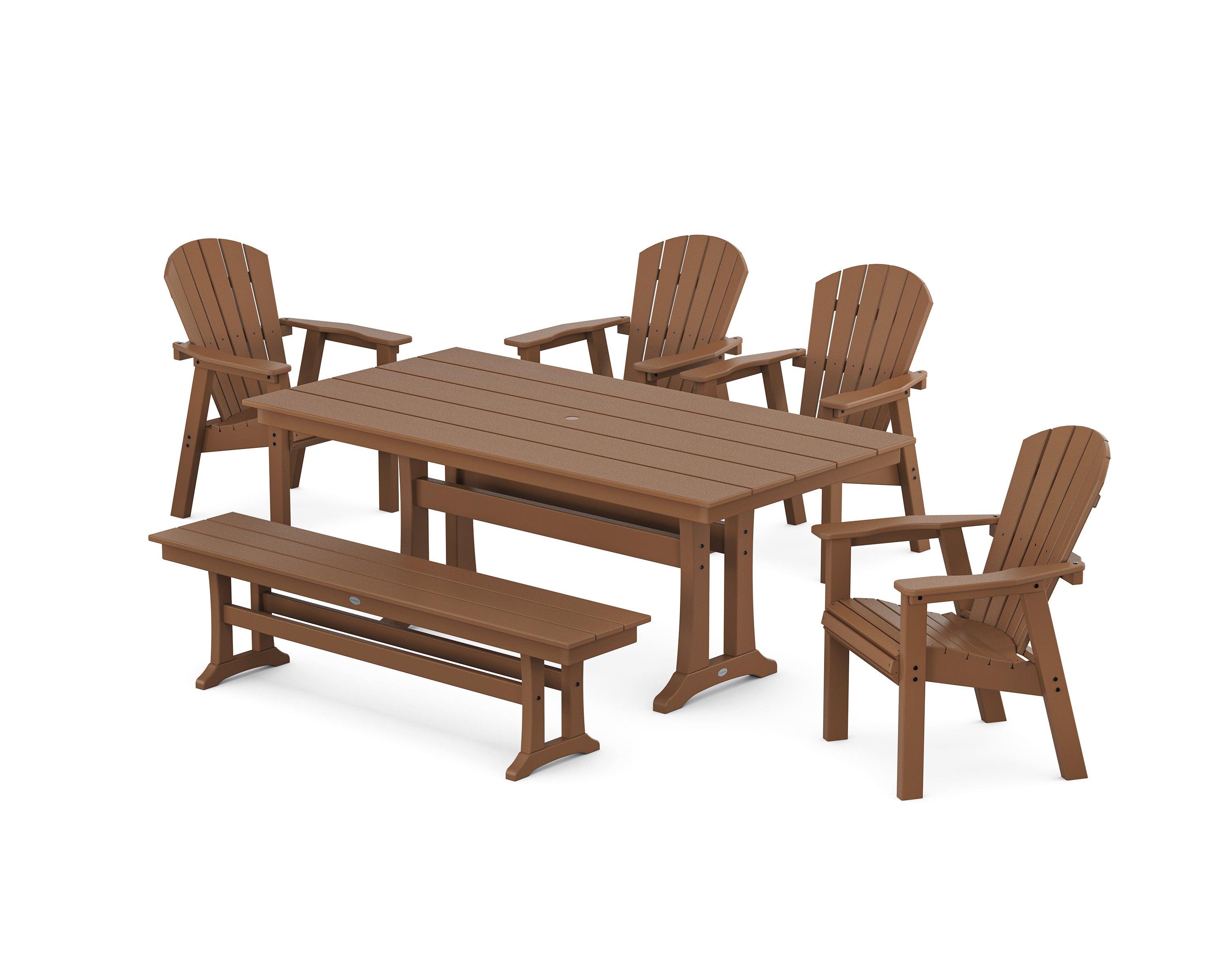 Seashell 6-Piece Farmhouse Dining Set with Trestle Legs and Bench in Teak