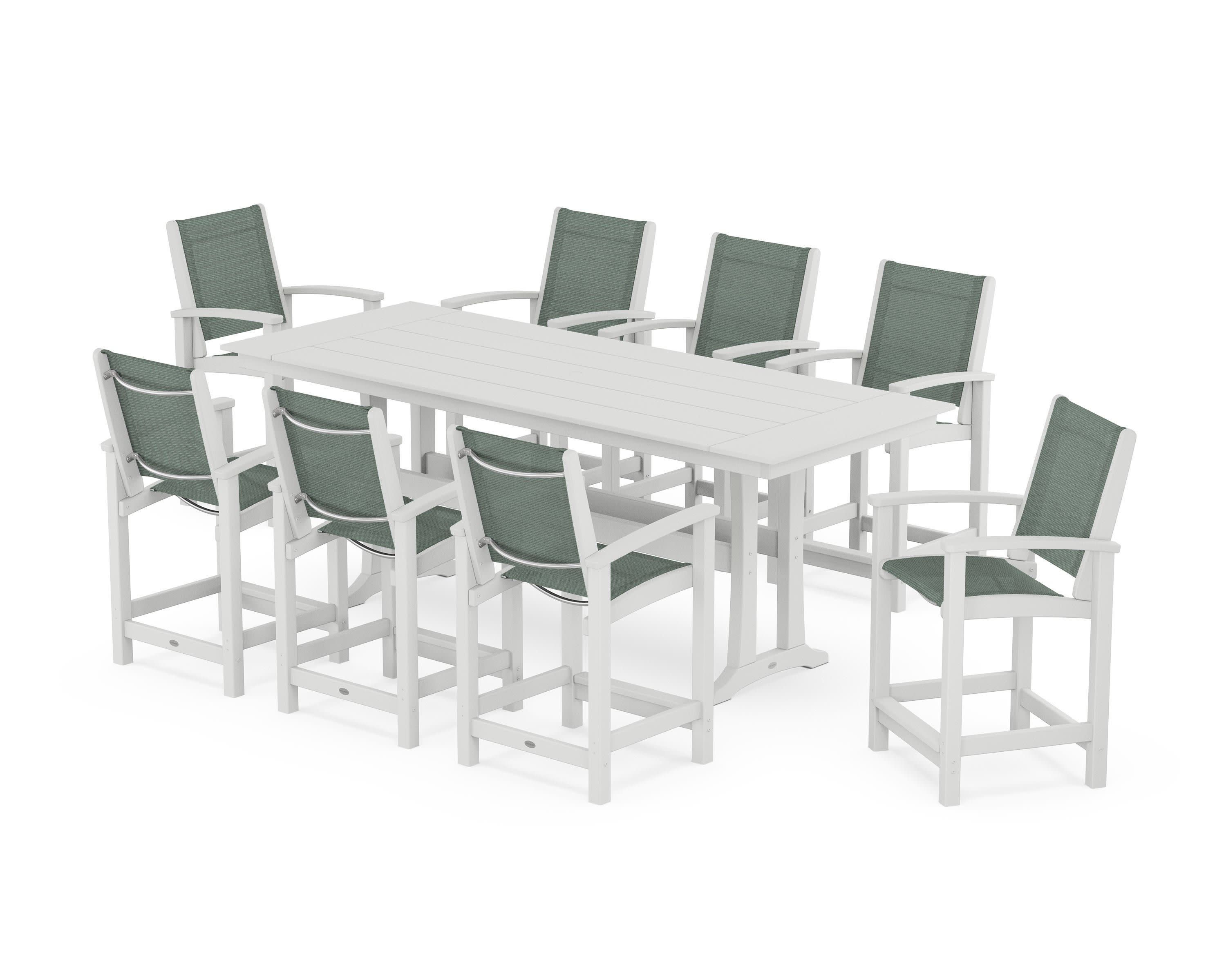 Coastal 9-Piece Farmhouse Counter Set with Trestle Legs in White / Dupioni Sea Mist Sling