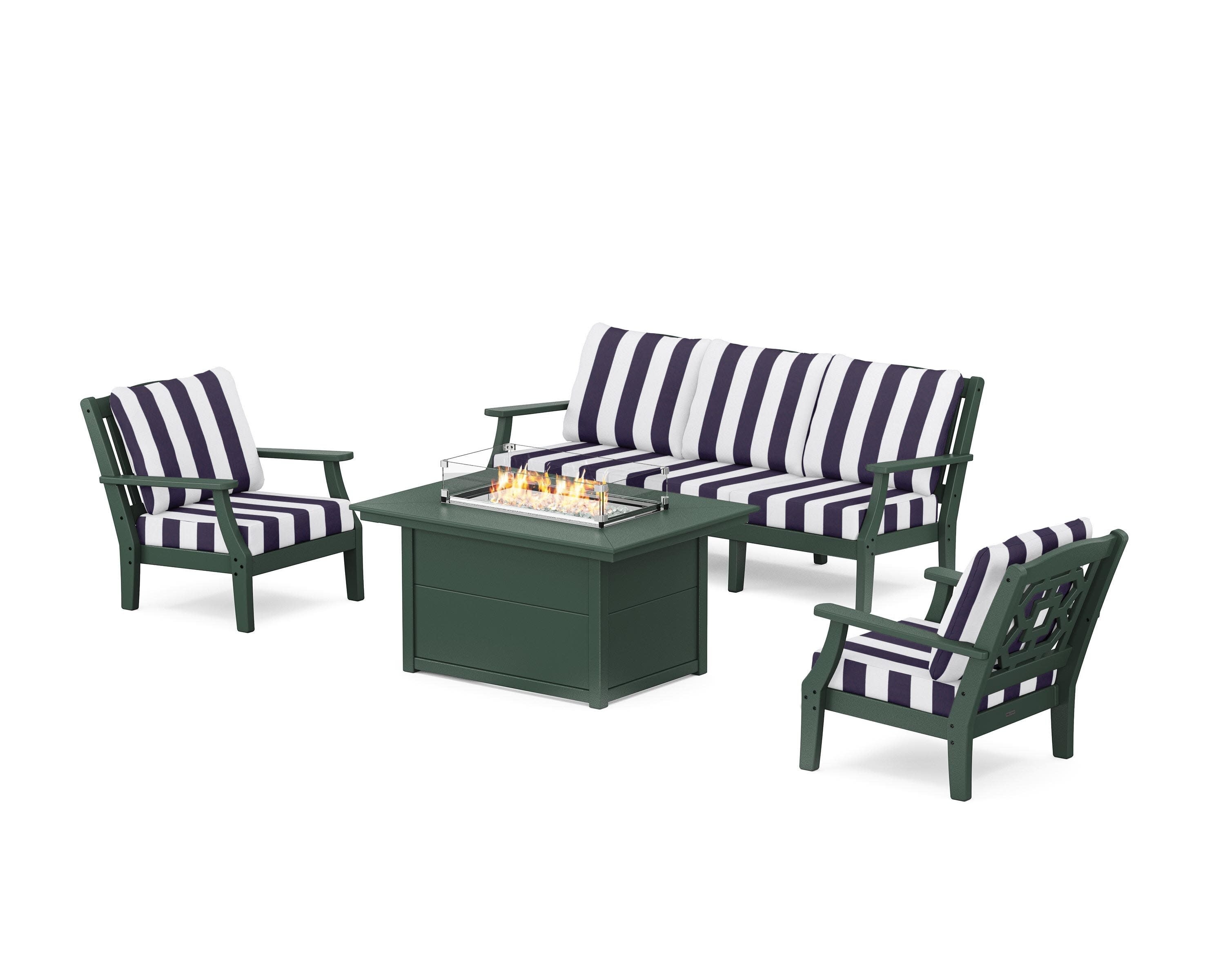 Chinoiserie Deep Seating Fire Pit Table Set in Green / Cabana Stripe Navy