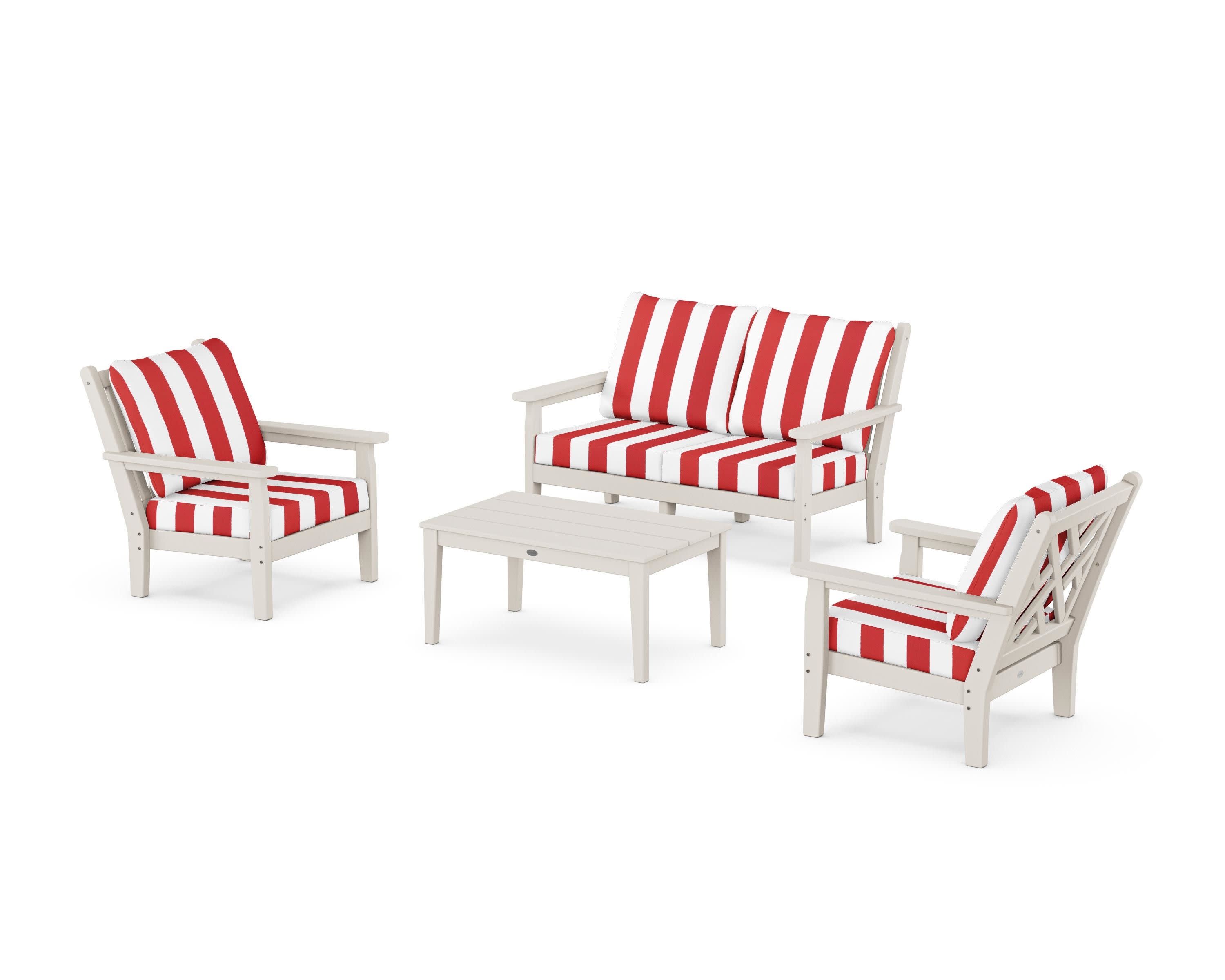 Chippendale 4-Piece Deep Seating Set with Loveseat in Sand / Cabana Stripe Crimson