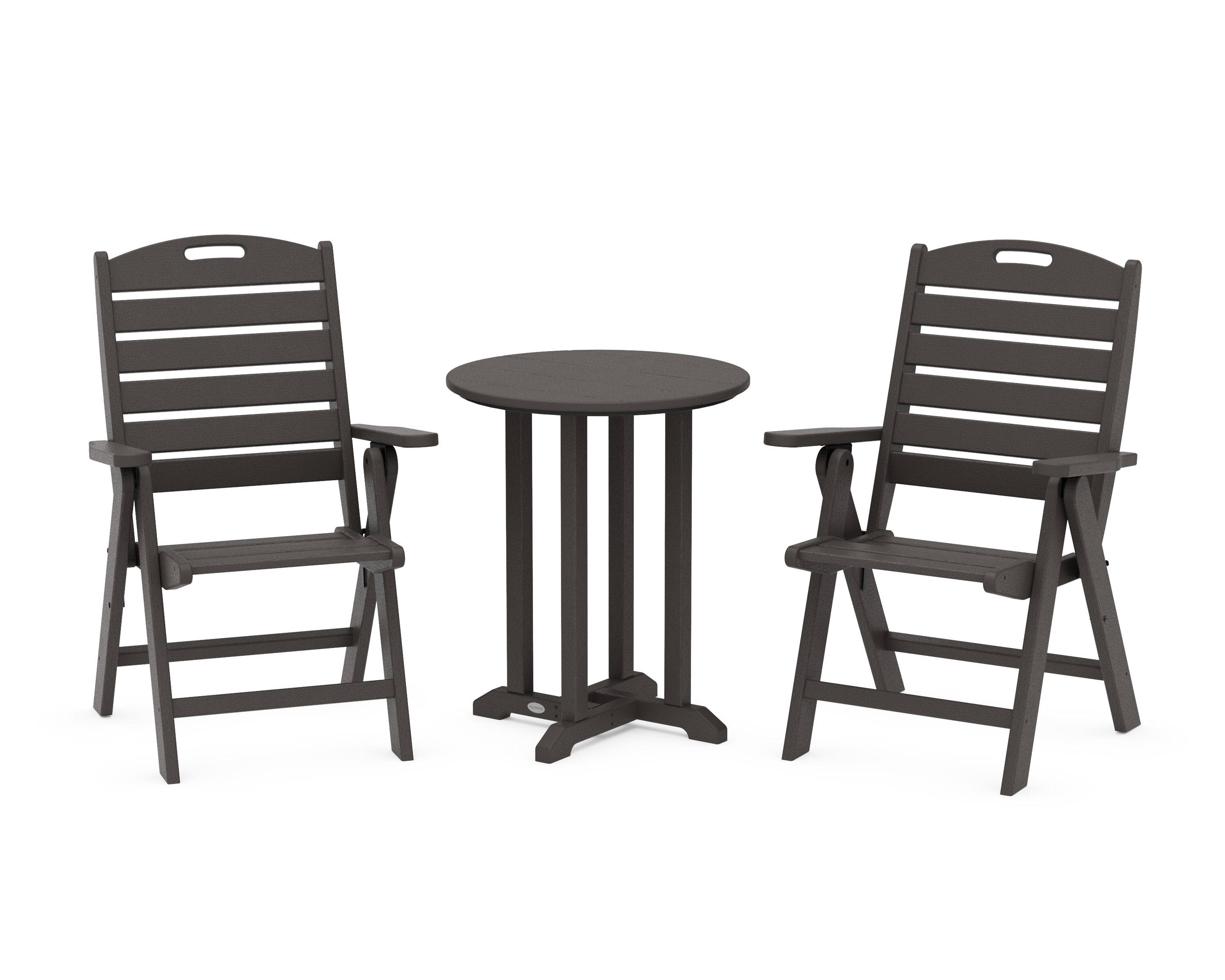 Nautical Folding Highback Chair 3-Piece Round Bistro Dining Set in Vintage Coffee