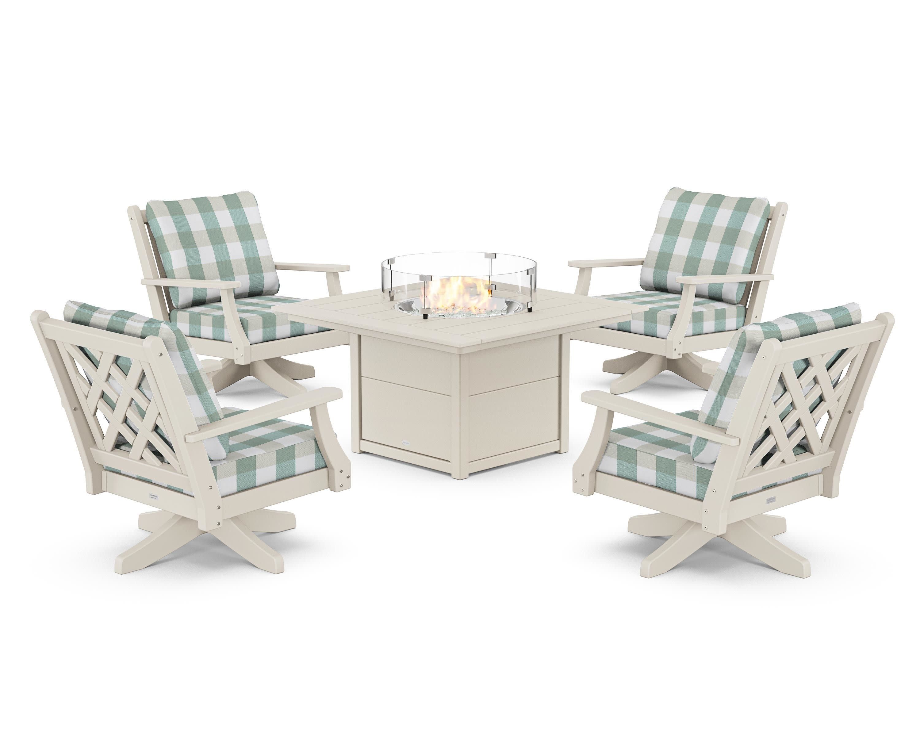 Wovendale 5-Piece Deep Seating Swivel Conversation Set with Fire Pit Table in Sand / Buffalo Plaid Glacier Spa