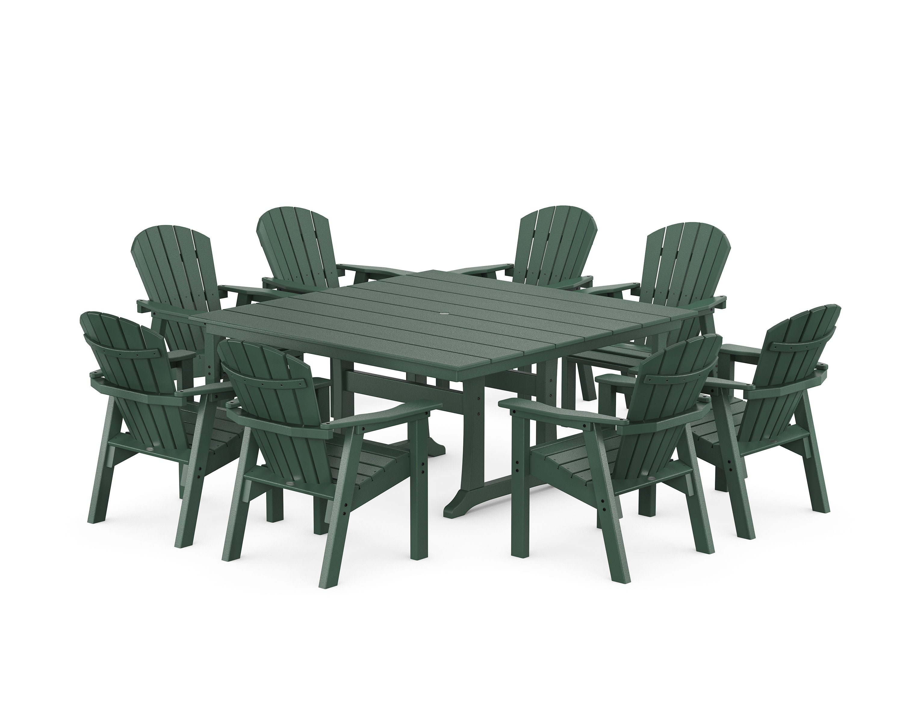 Seashell 9-Piece Square Farmhouse Dining Set with Trestle Legs in Green