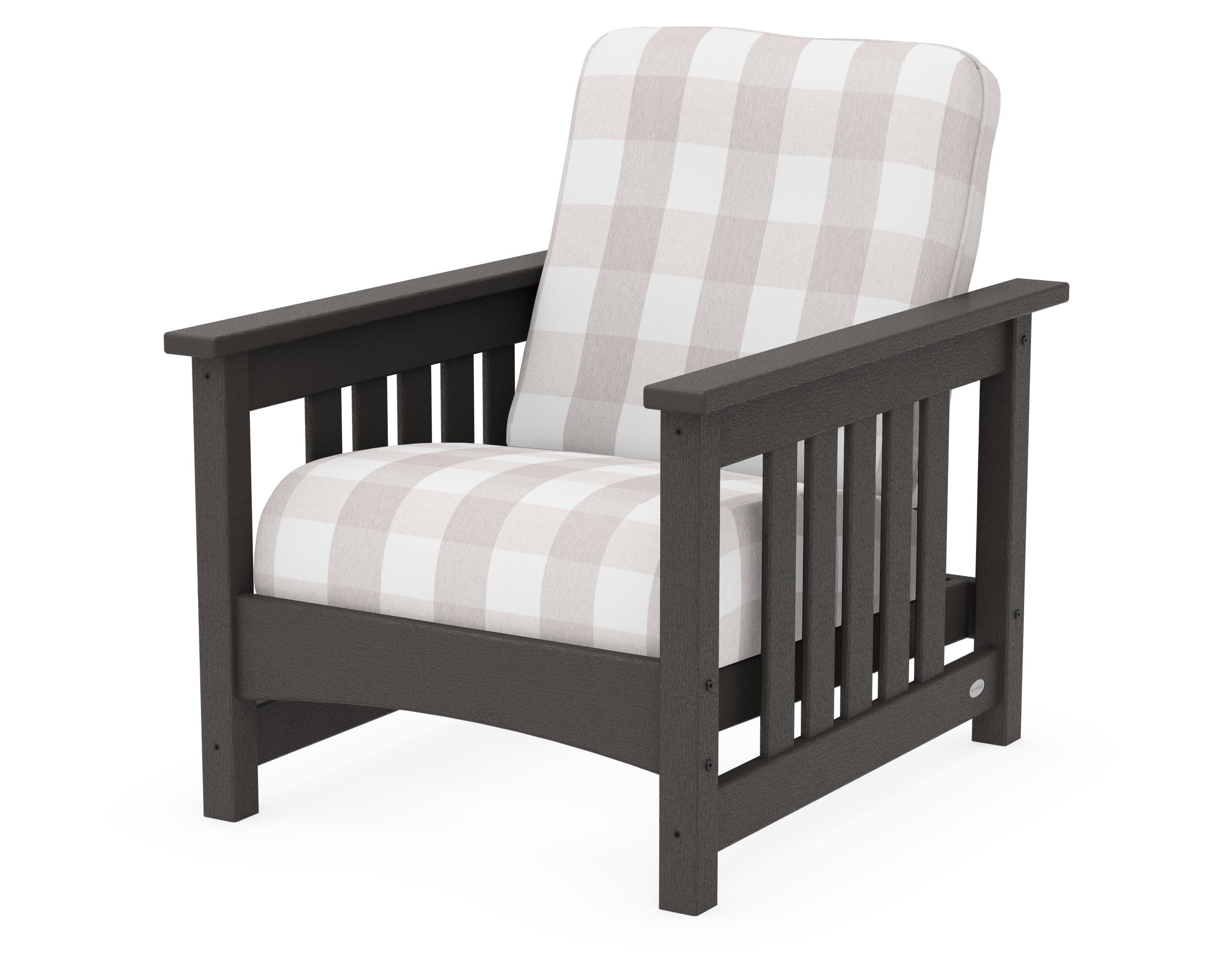 Club Mission Chair in Vintage Coffee / Buffalo Plaid Dune Burlap