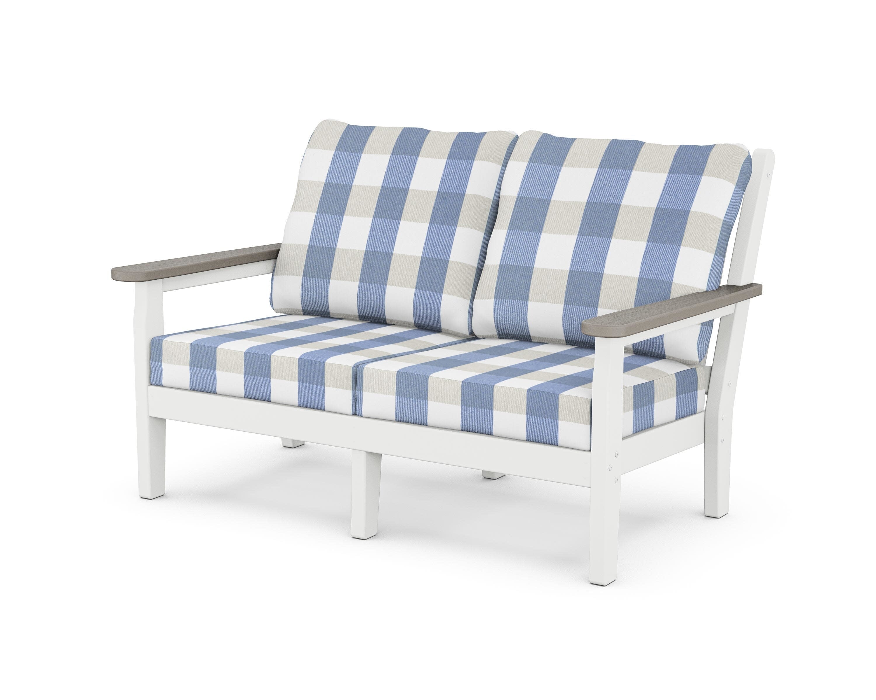 Chippendale Deep Seating Loveseat in White / Driftwood / Buffalo Plaid Sky Blue