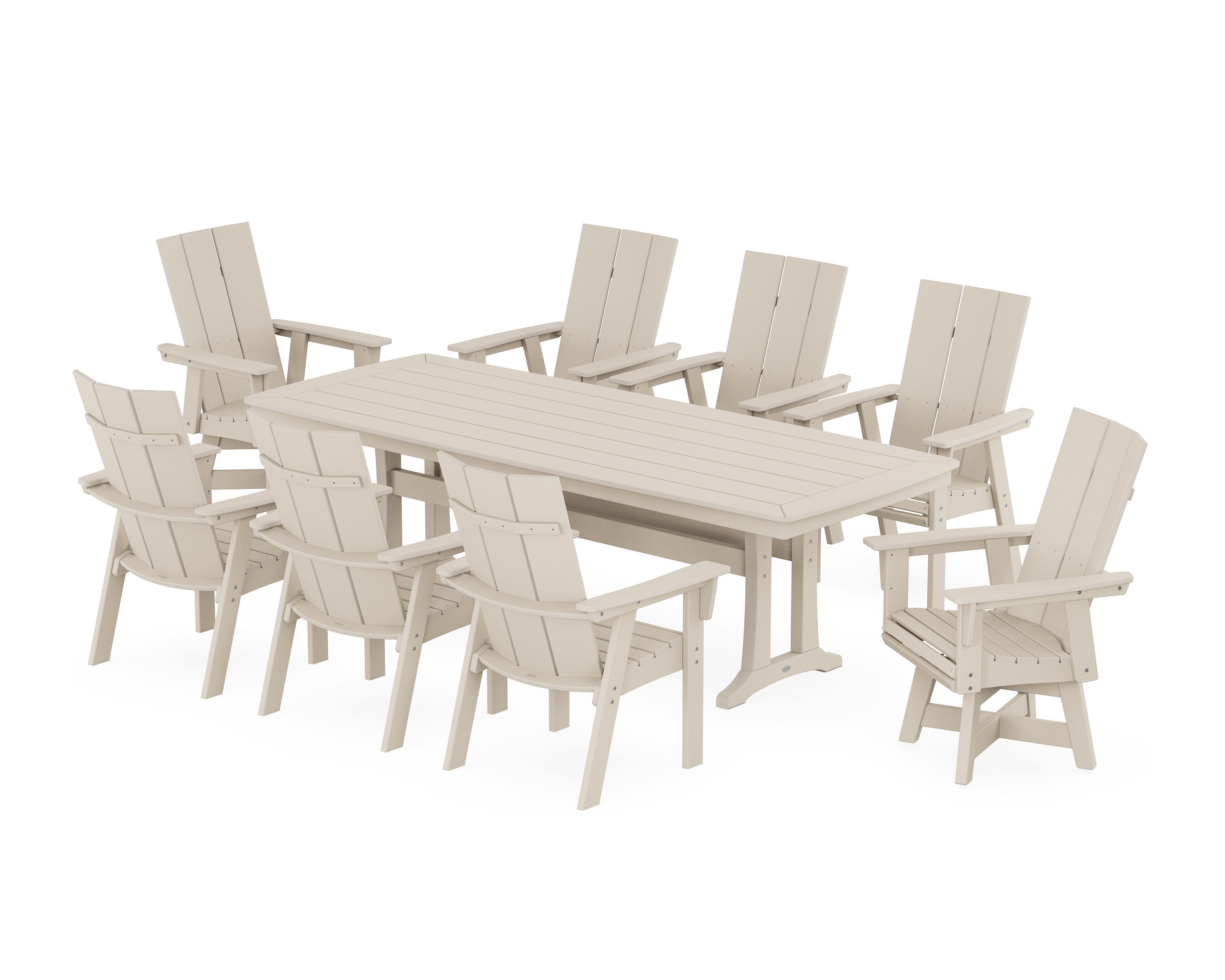 Modern Curveback Adirondack Swivel 9-Piece Dining Set with Trestle Legs in Sand