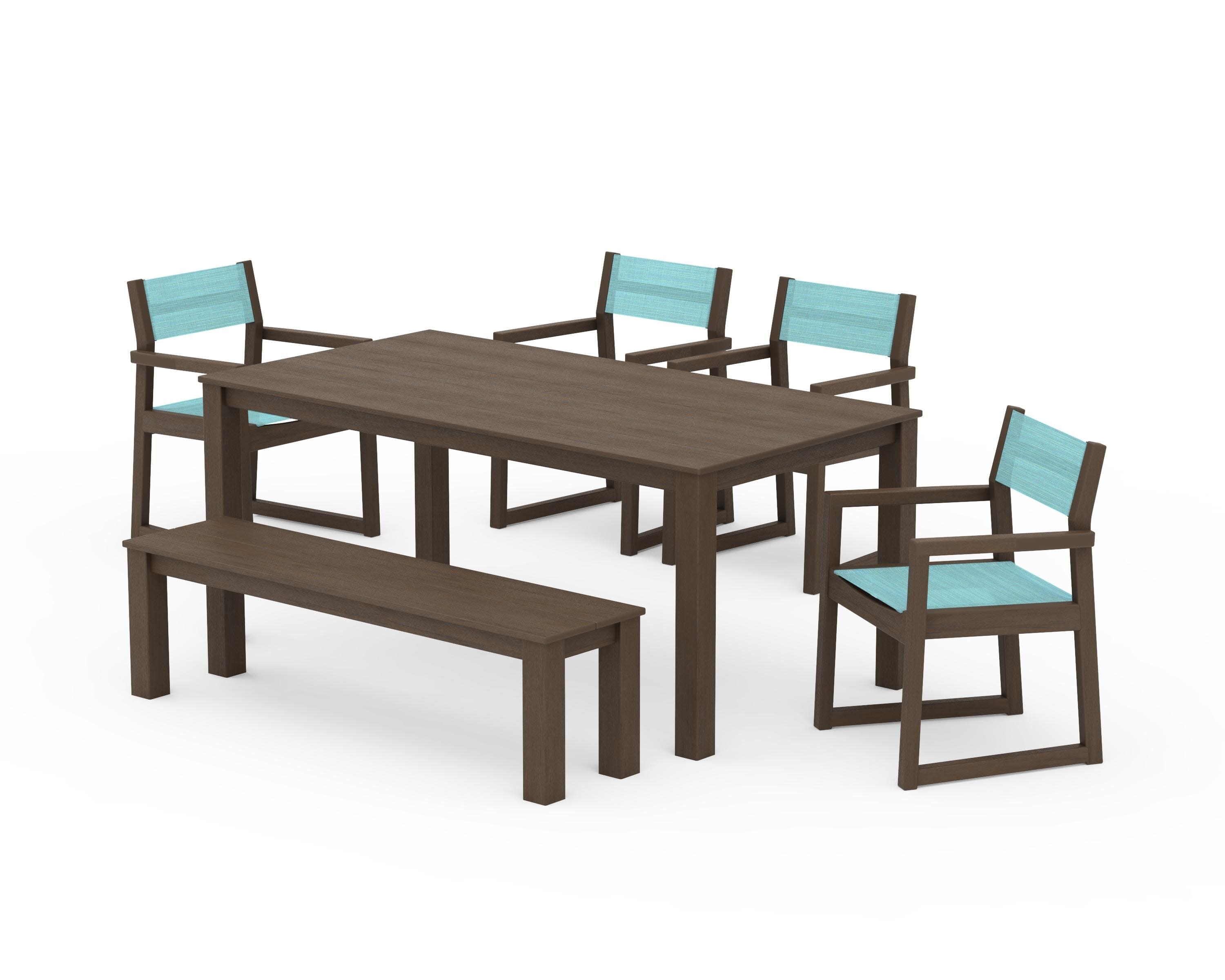 EDGE Sling Arm Chair 6-Piece Parsons Dining Set with Bench in Kona / Dupioni Aquamarine Sling