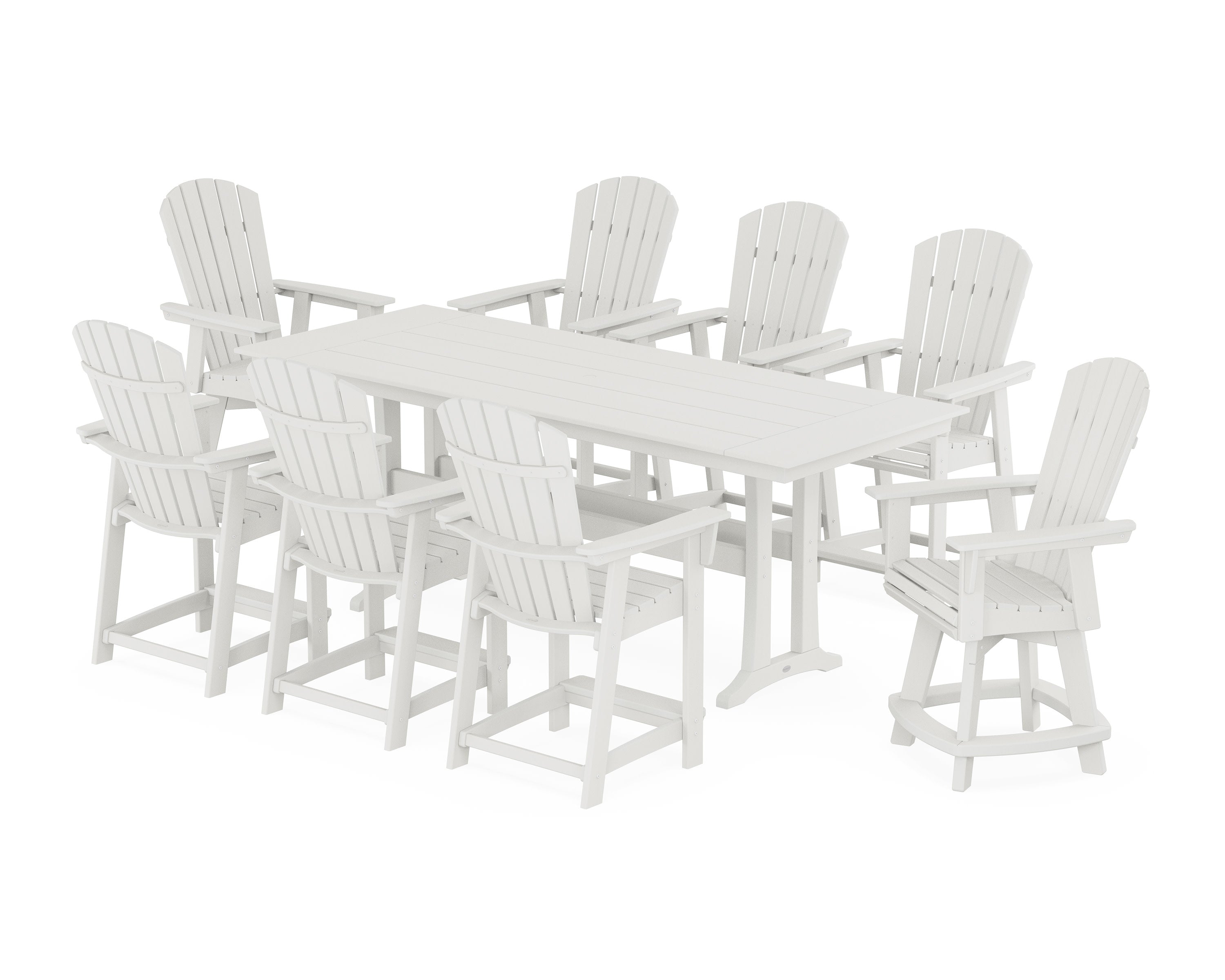 Nautical Curveback Adirondack Swivel Chair 9-Piece Farmhouse Counter Set with Trestle Legs in Vintage White