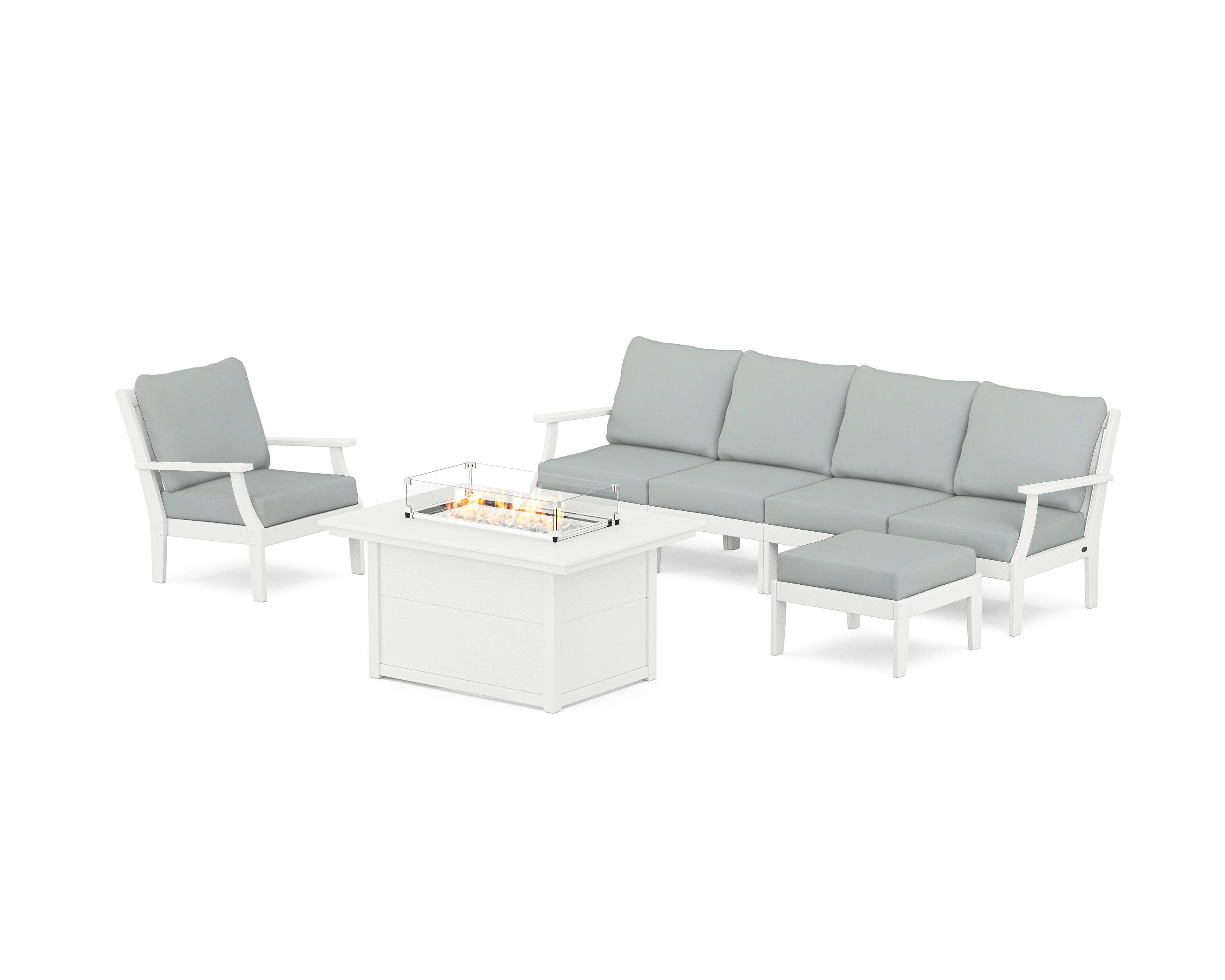 Braxton Sectional Lounge and Fire Pit Set in Vintage White / Spa