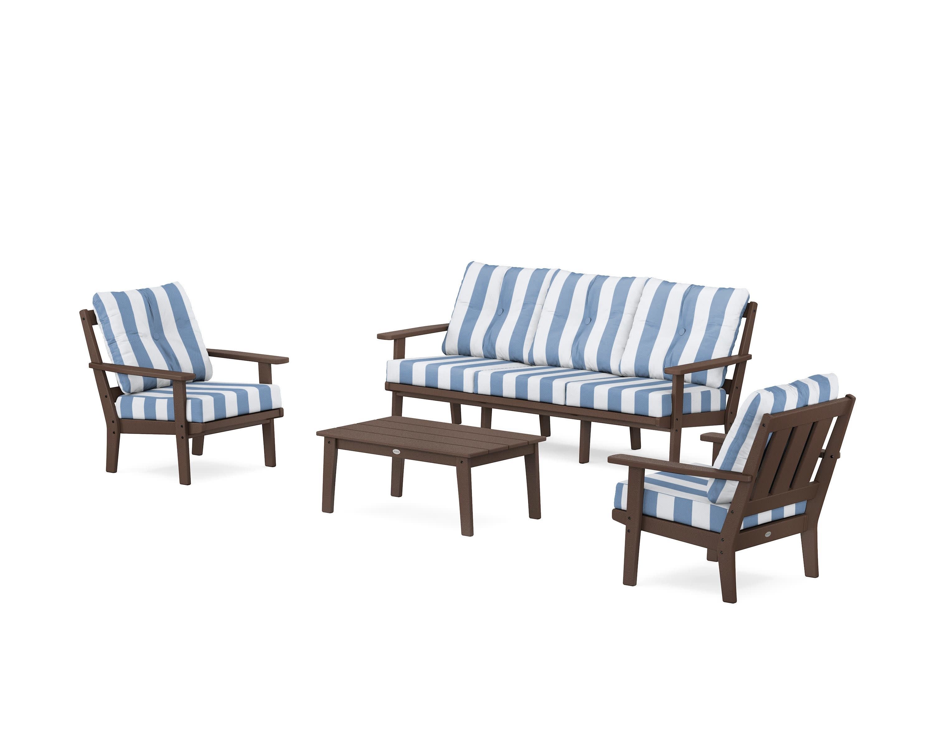 Oxford 4-Piece Deep Seating Set with Sofa in Mahogany / Cabana Stripe Sky Blue
