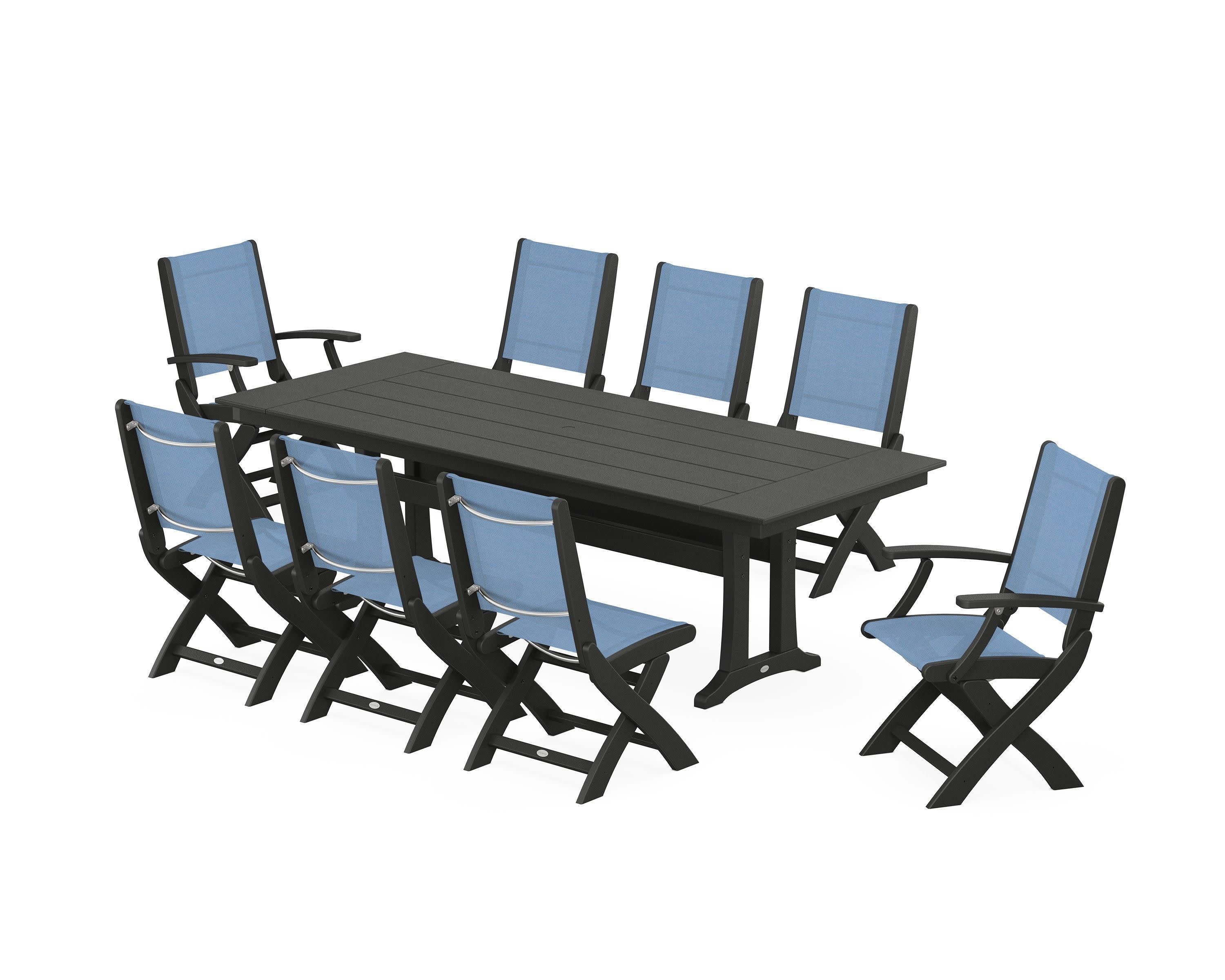 Coastal 9-Piece Folding Dining Chair Farmhouse Dining Set with Trestle Legs in Black / Poolside Sling