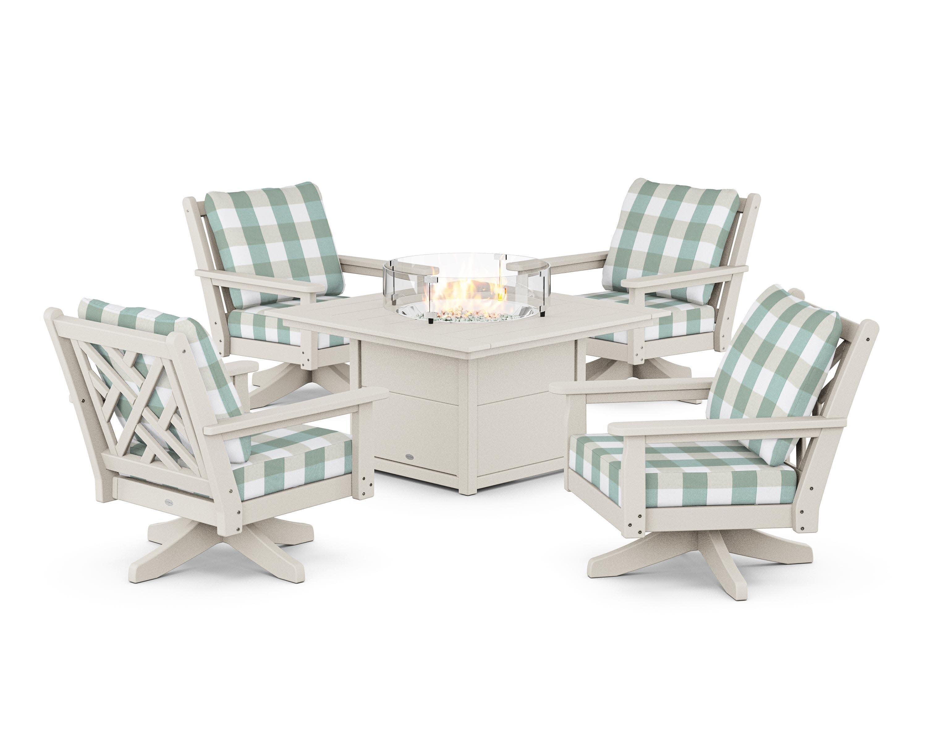 Chippendale 5-Piece Deep Seating Swivel Conversation Set with Fire Pit Table in Sand / Buffalo Plaid Glacier Spa