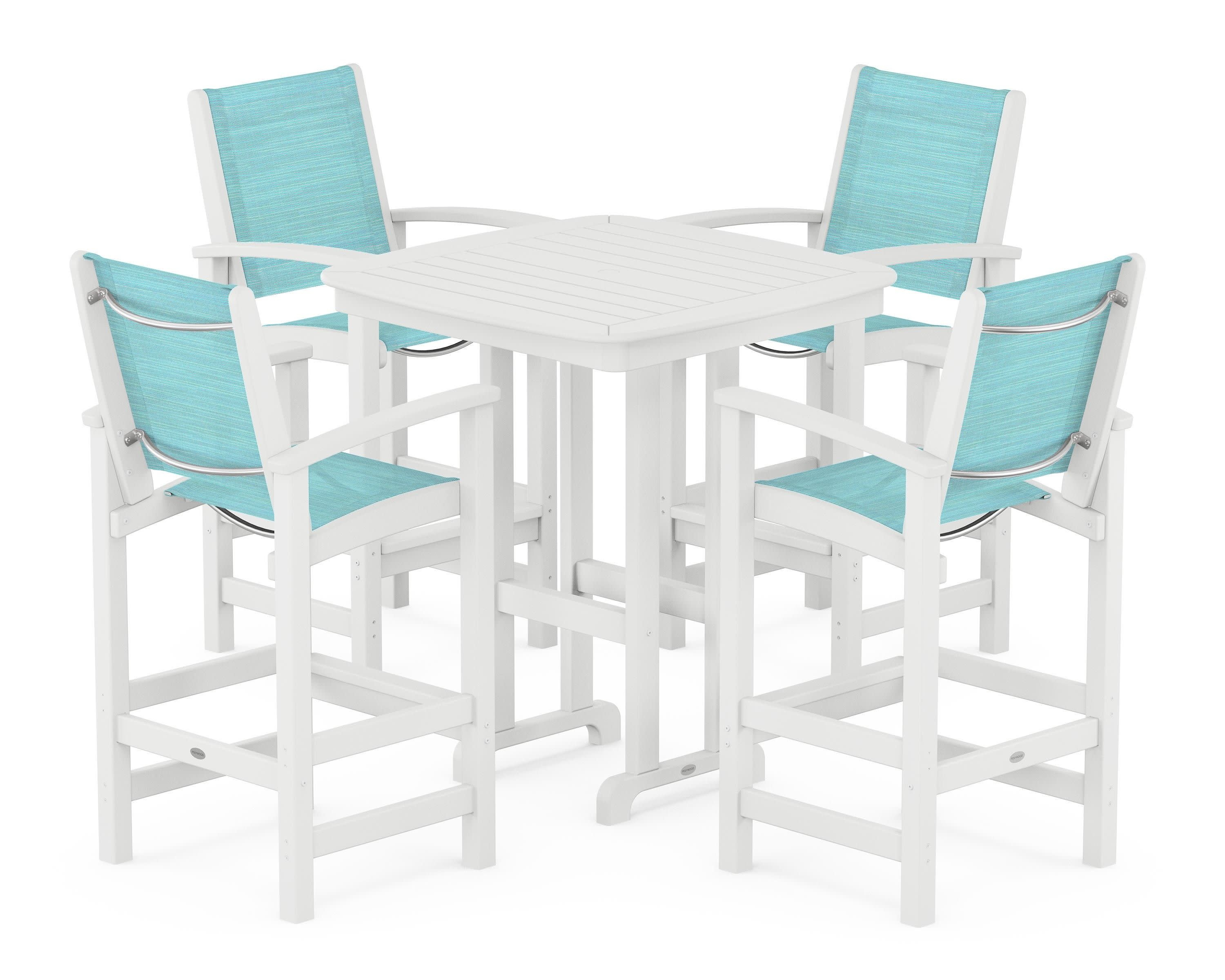 Coastal 5-Piece Bar Set in White / Dupioni Aquamarine Sling