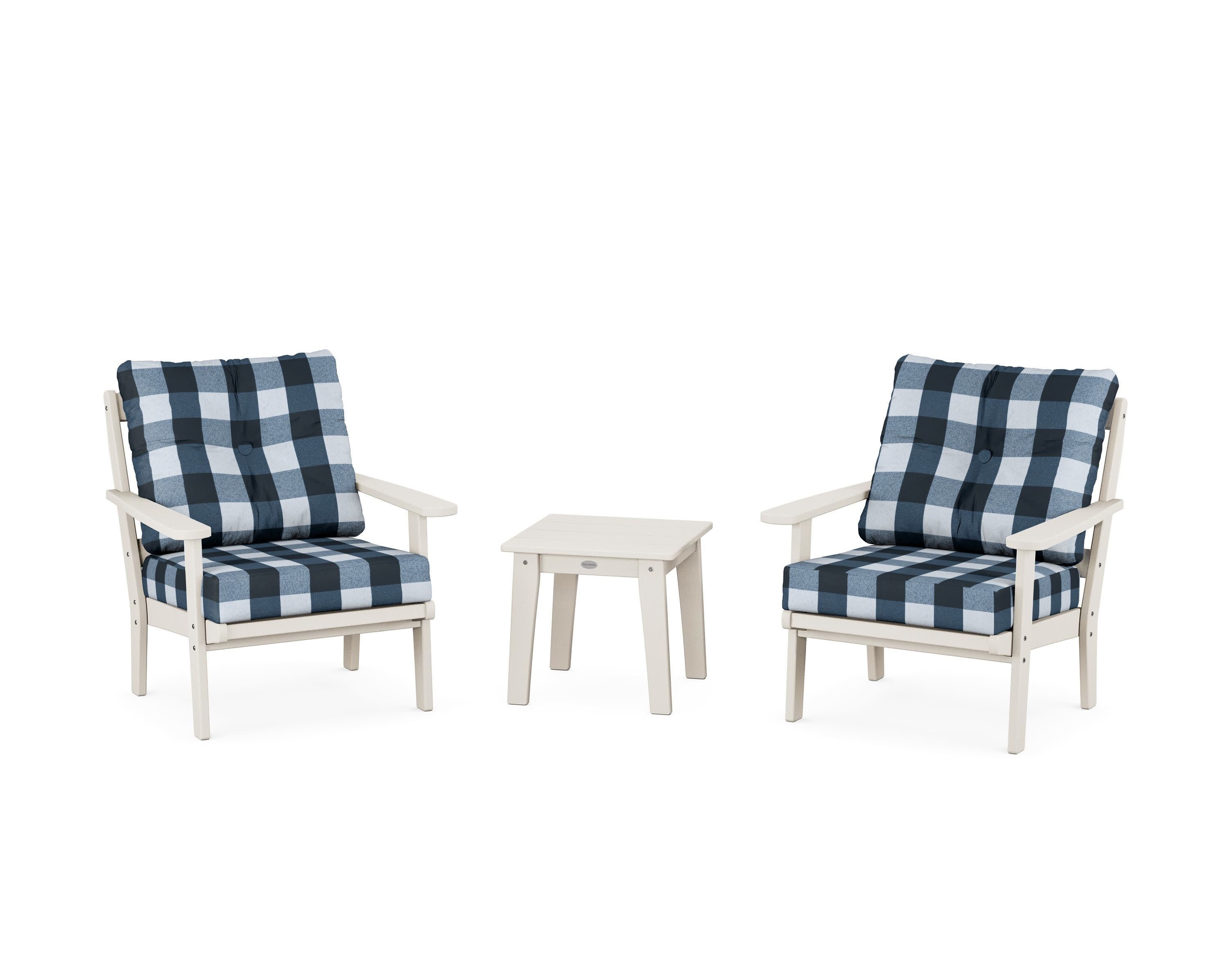 Mission 3-Piece Deep Seating Set in Sand / Buffalo Plaid Marine Indigo