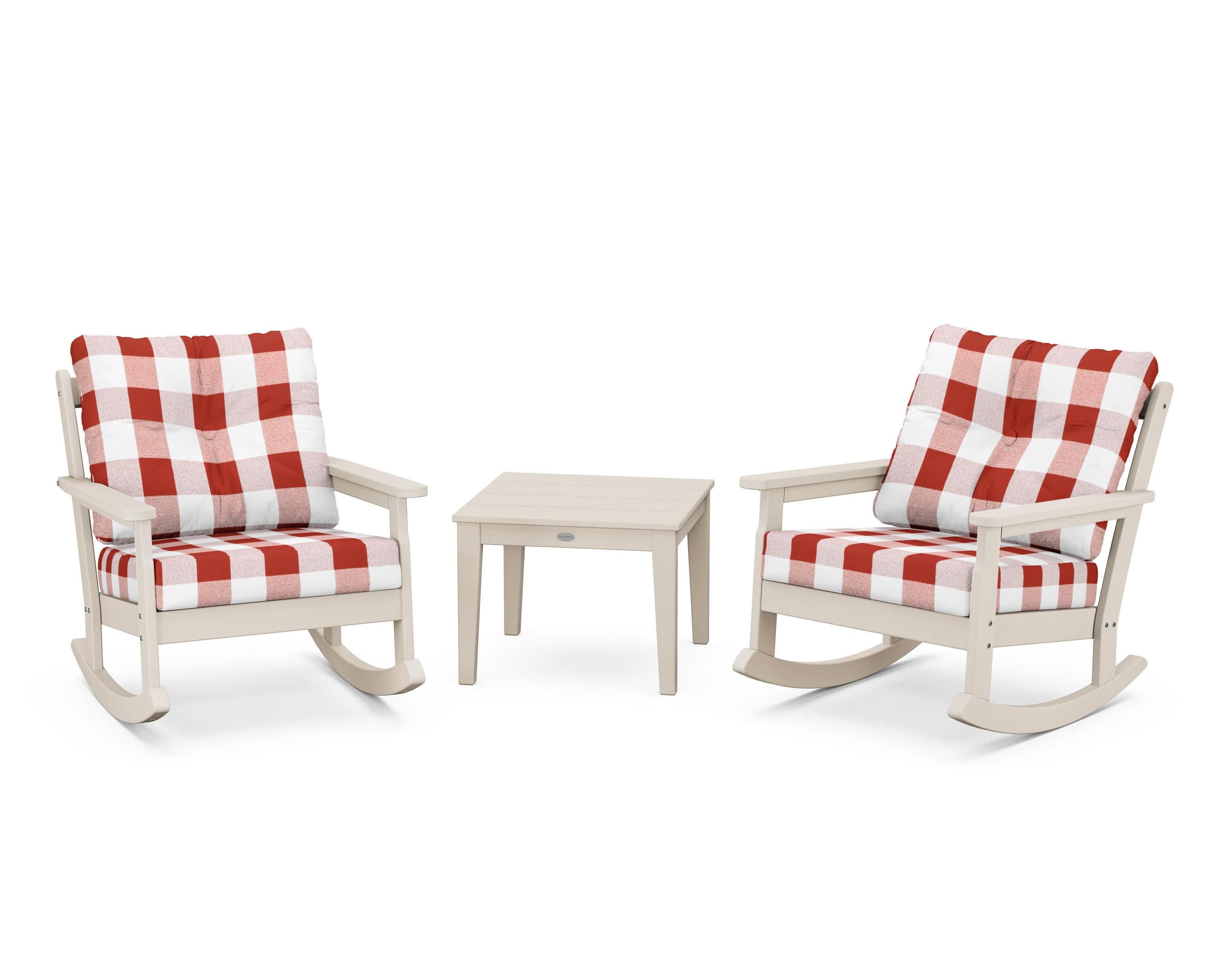 Vineyard 3-Piece Deep Seating Rocker Set in Sand / Buffalo Plaid Crimson