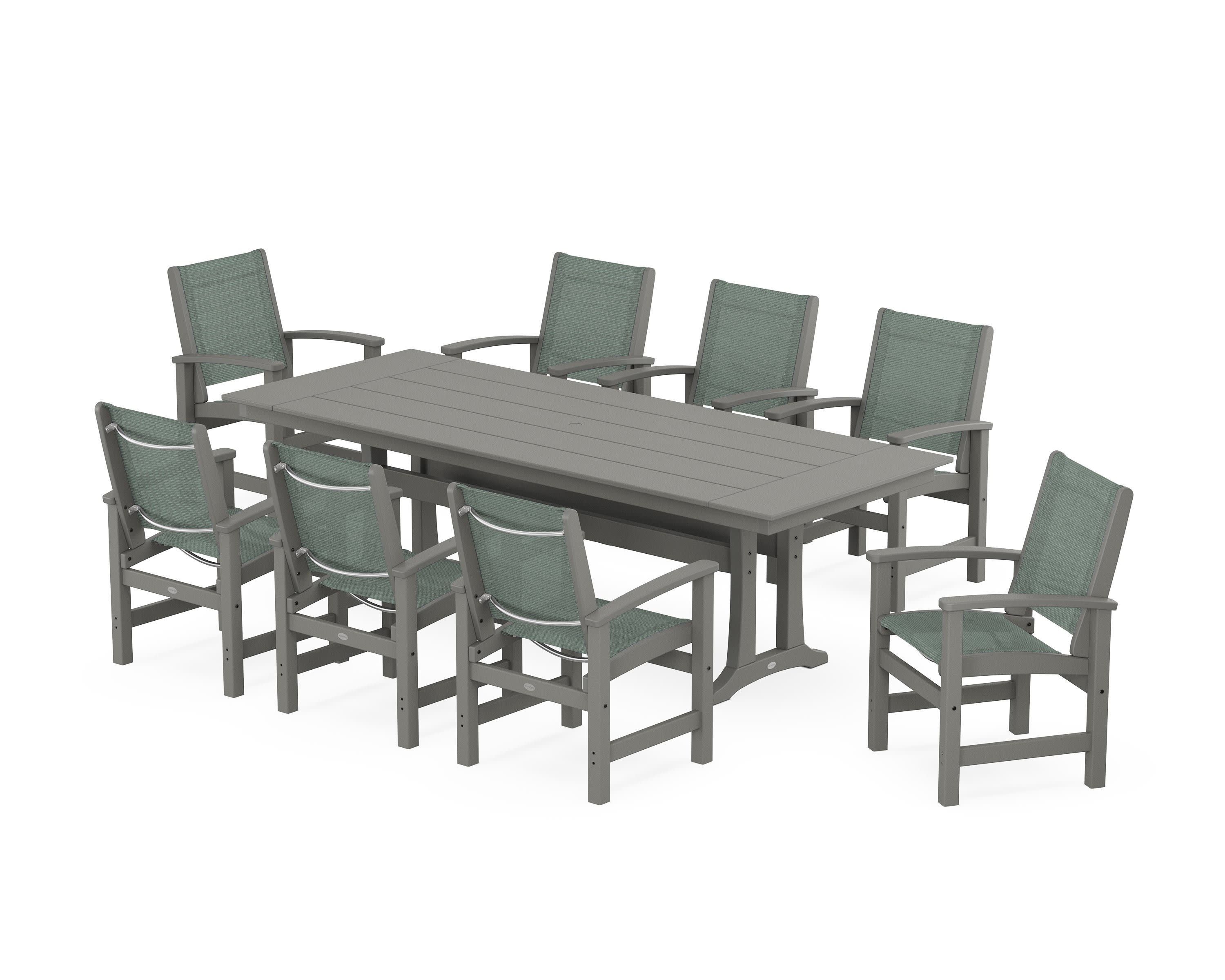 Coastal 9-Piece Farmhouse Dining Set with Trestle Legs in Slate Grey / Dupioni Sea Mist Sling