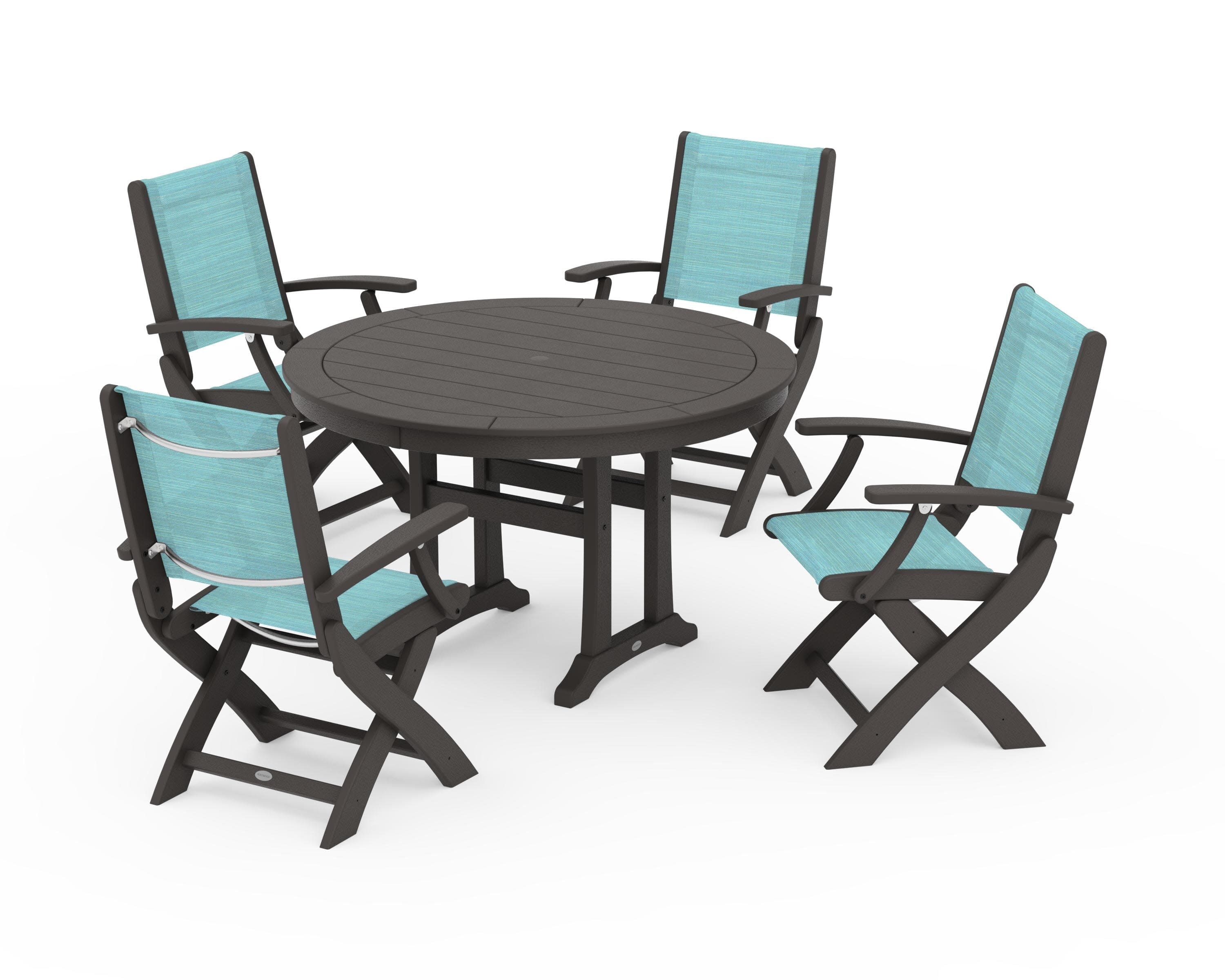 Coastal Folding Chair 5-Piece Round Dining Set with Trestle Legs in Vintage Coffee / Dupioni Aquamarine Sling