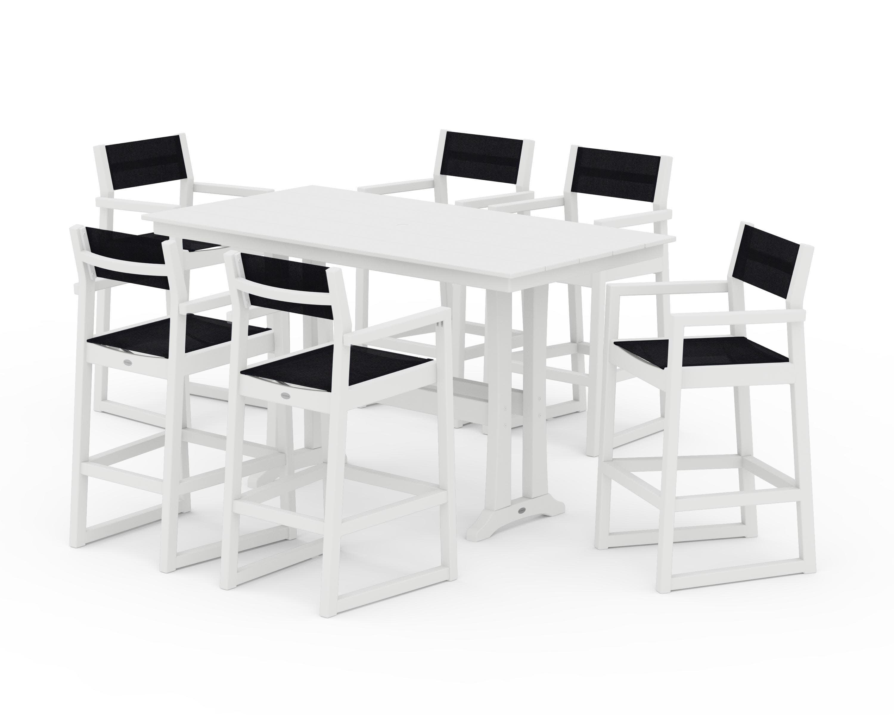 EDGE Sling Arm Chair 7-Piece Farmhouse Bar Set with Trestle Legs in White / Black Sling