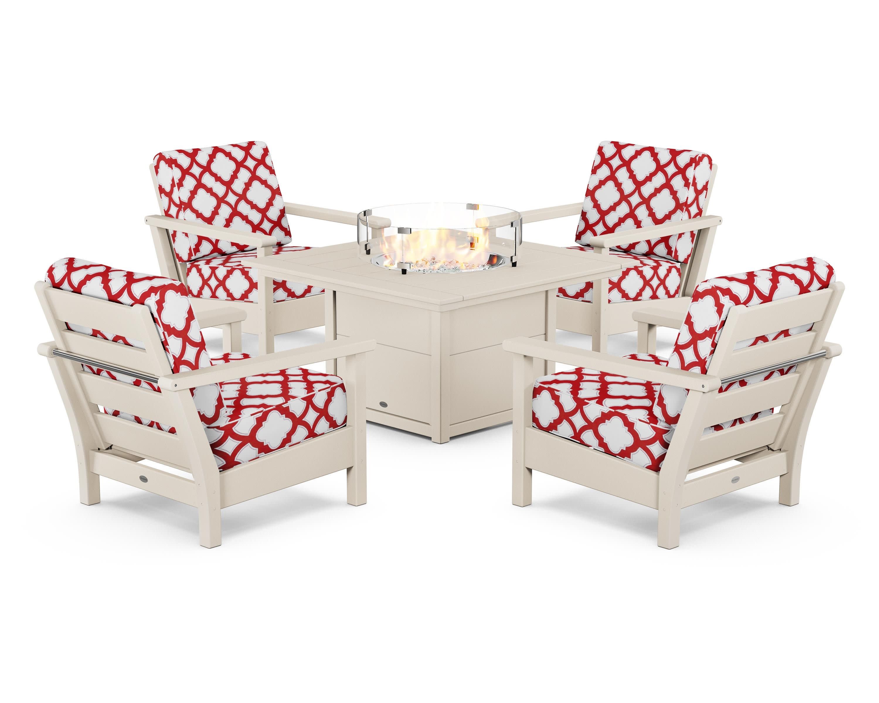 Harbour 5-Piece Conversation Set with Fire Pit Table in Sand / Trellis Crimson