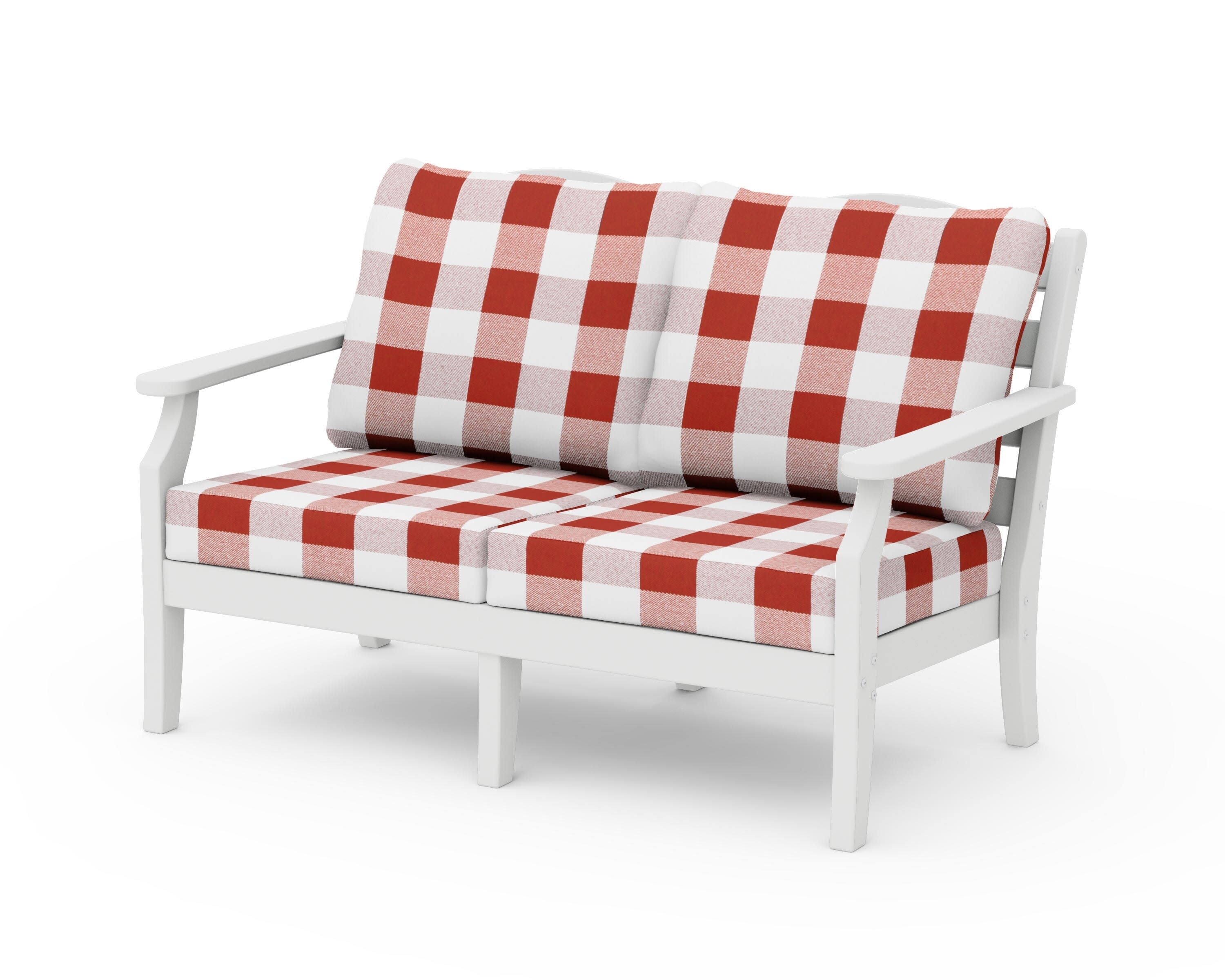 Savannah Deep Seating Loveseat in White / Buffalo Plaid Crimson