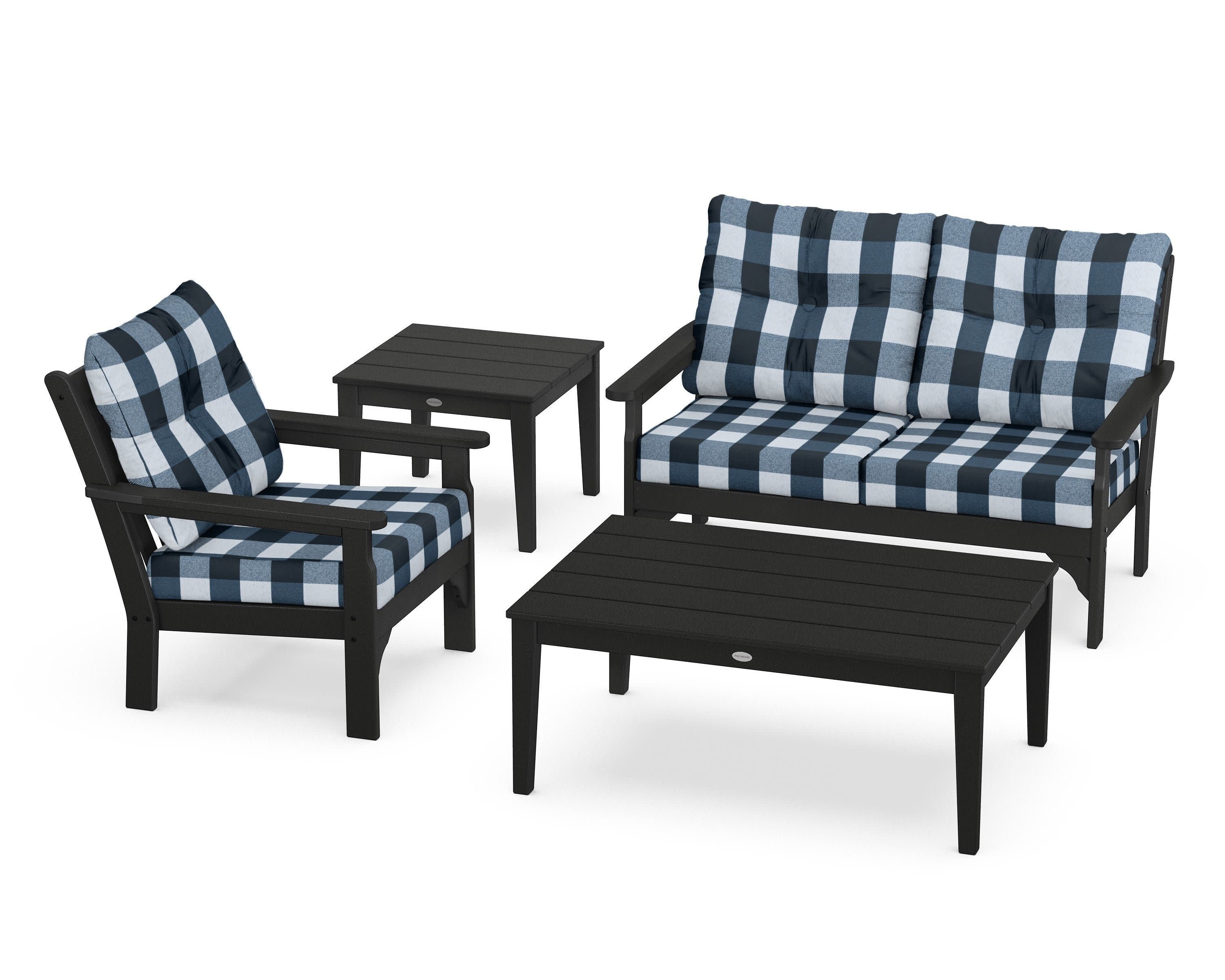 Vineyard 4-Piece Deep Seating Set in Black / Buffalo Plaid Marine Indigo