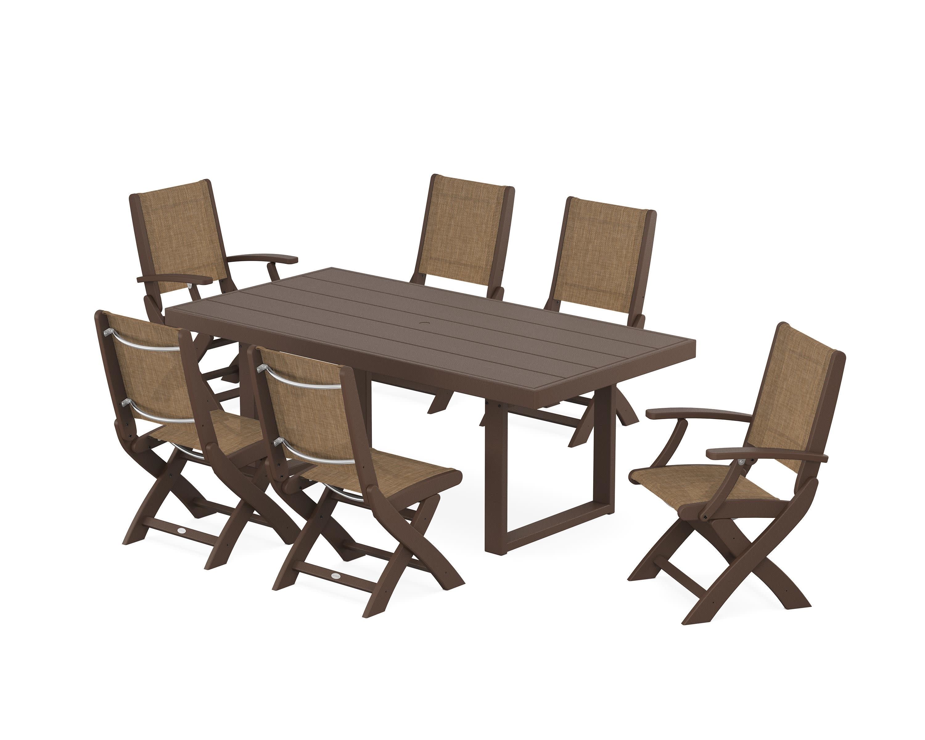 Coastal Folding Chair 7-Piece Dining Set with Trestle Legs in Mahogany / Burlap Sling