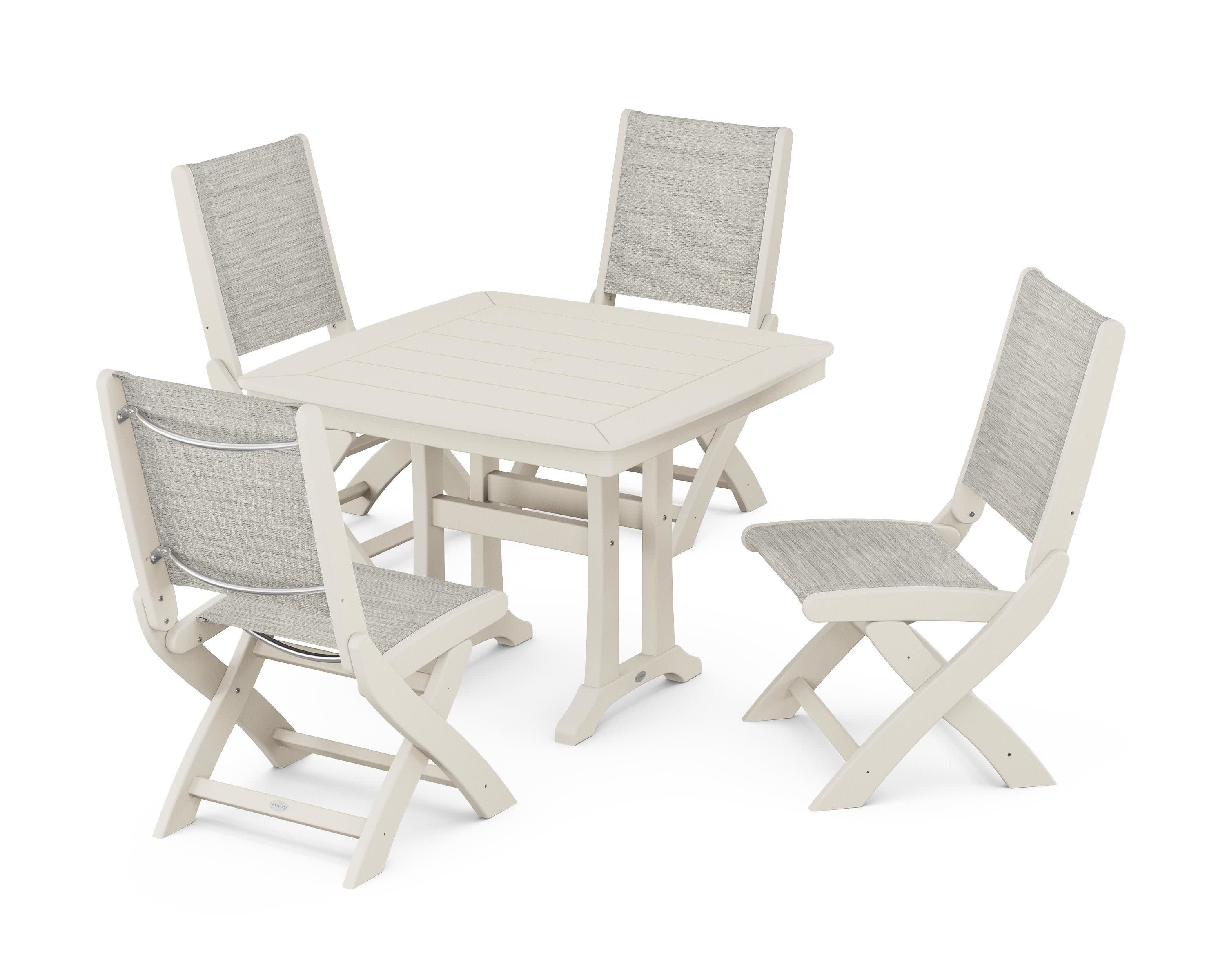Coastal Folding Side Chair 5-Piece Dining Set with Trestle Legs in Sand / Birch Sling