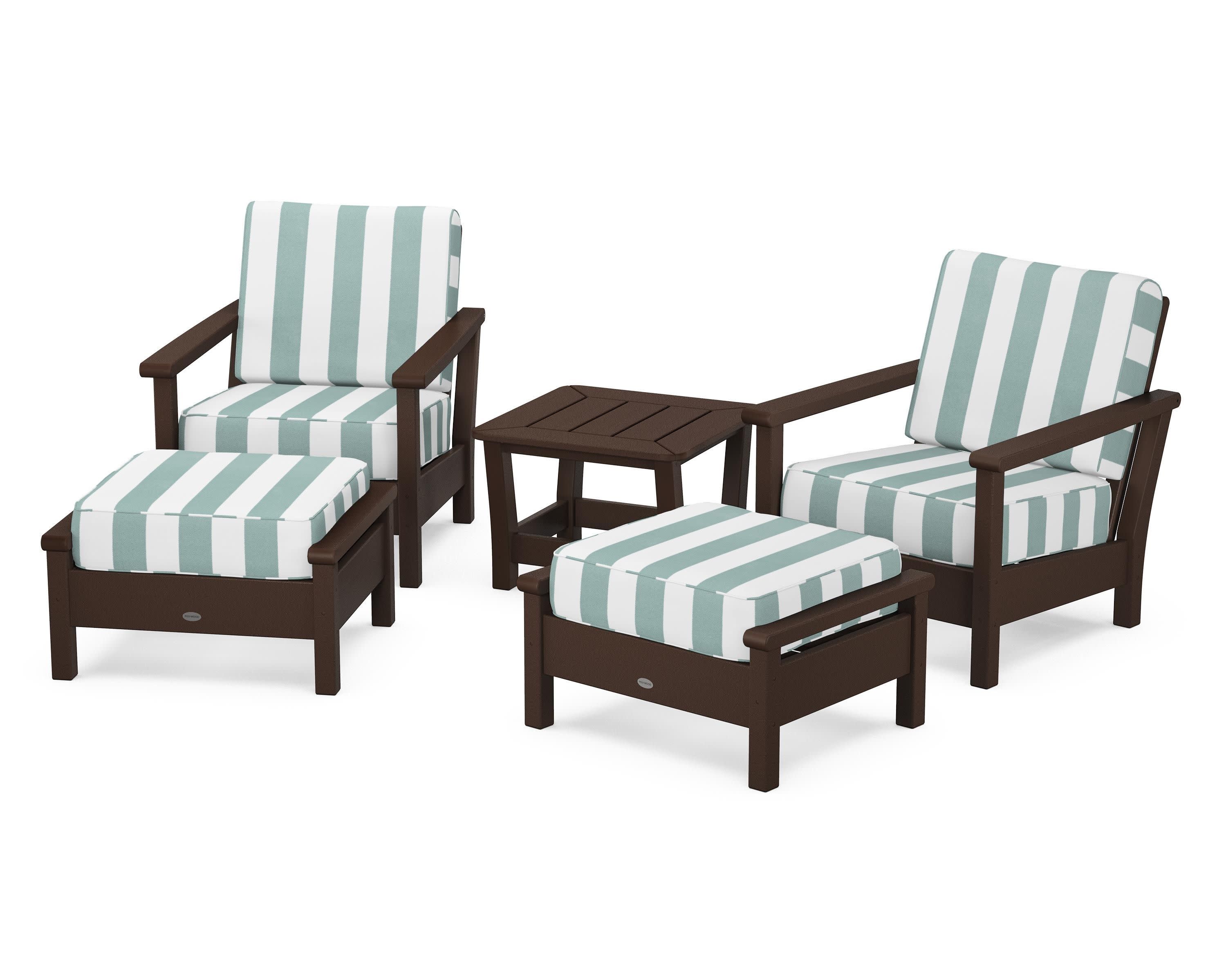 Harbour 5-Piece Deep Seating Chair Set in Mahogany / Cabana Stripe Glacier Spa