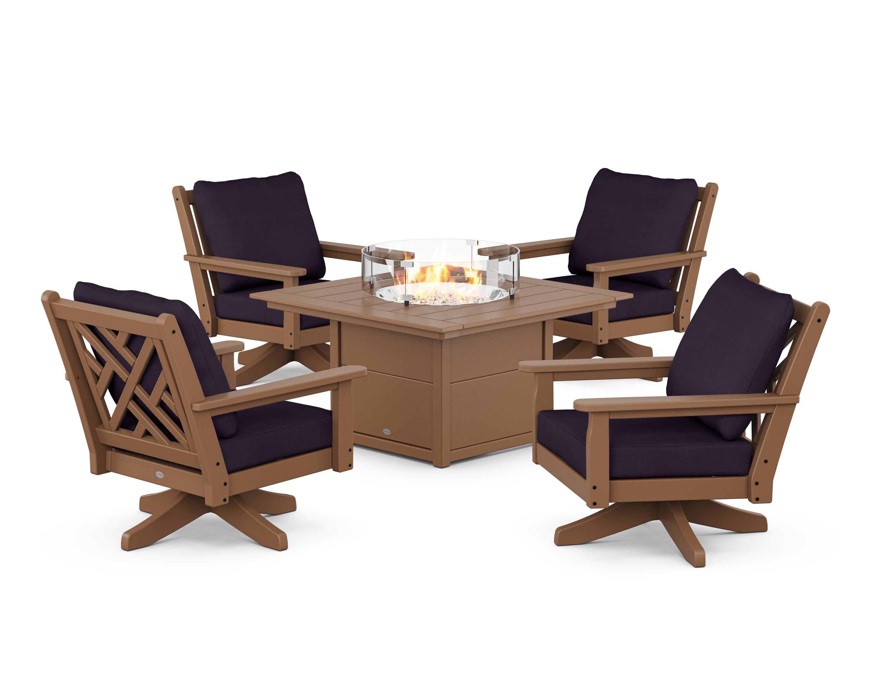 Chippendale 5-Piece Deep Seating Swivel Conversation Set with Fire Pit Table in Teak / Navy Linen