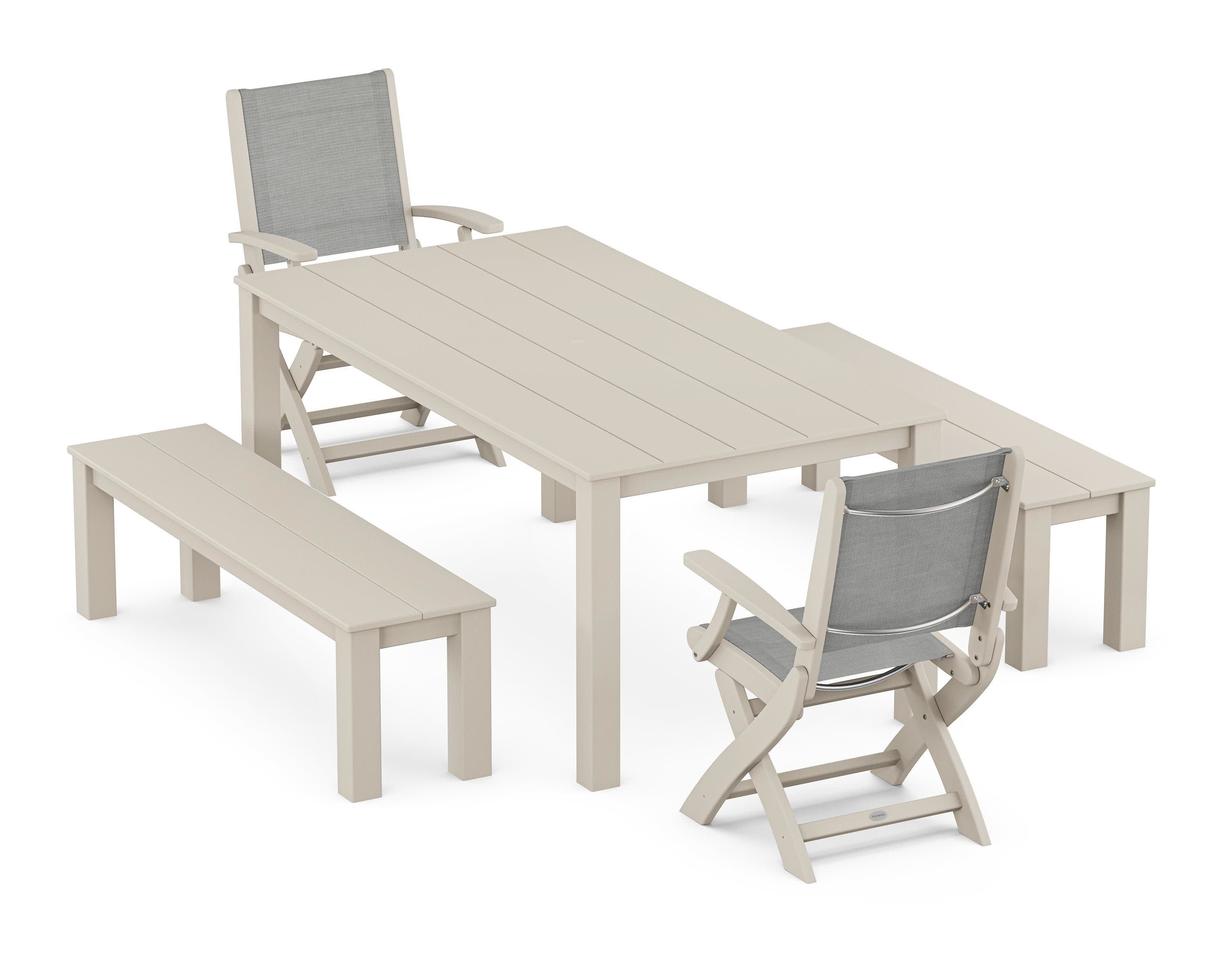 Coastal Folding Chair 5-Piece Parsons Dining Set with Benches in Sand / Metallic Sling