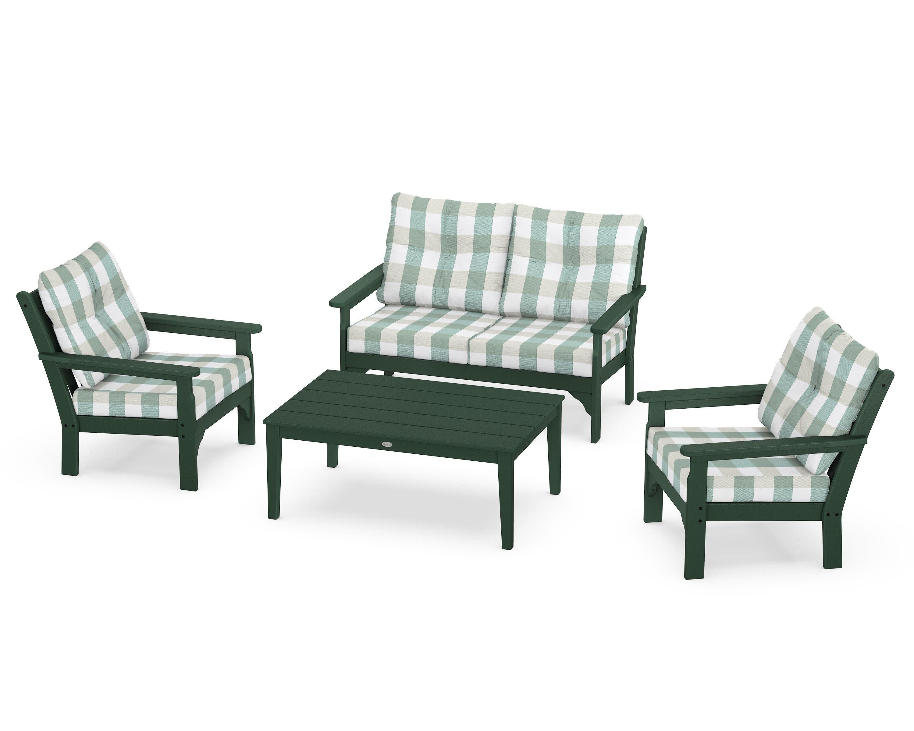 Vineyard 4-Piece Deep Seating Set in Green / Buffalo Plaid Glacier Spa