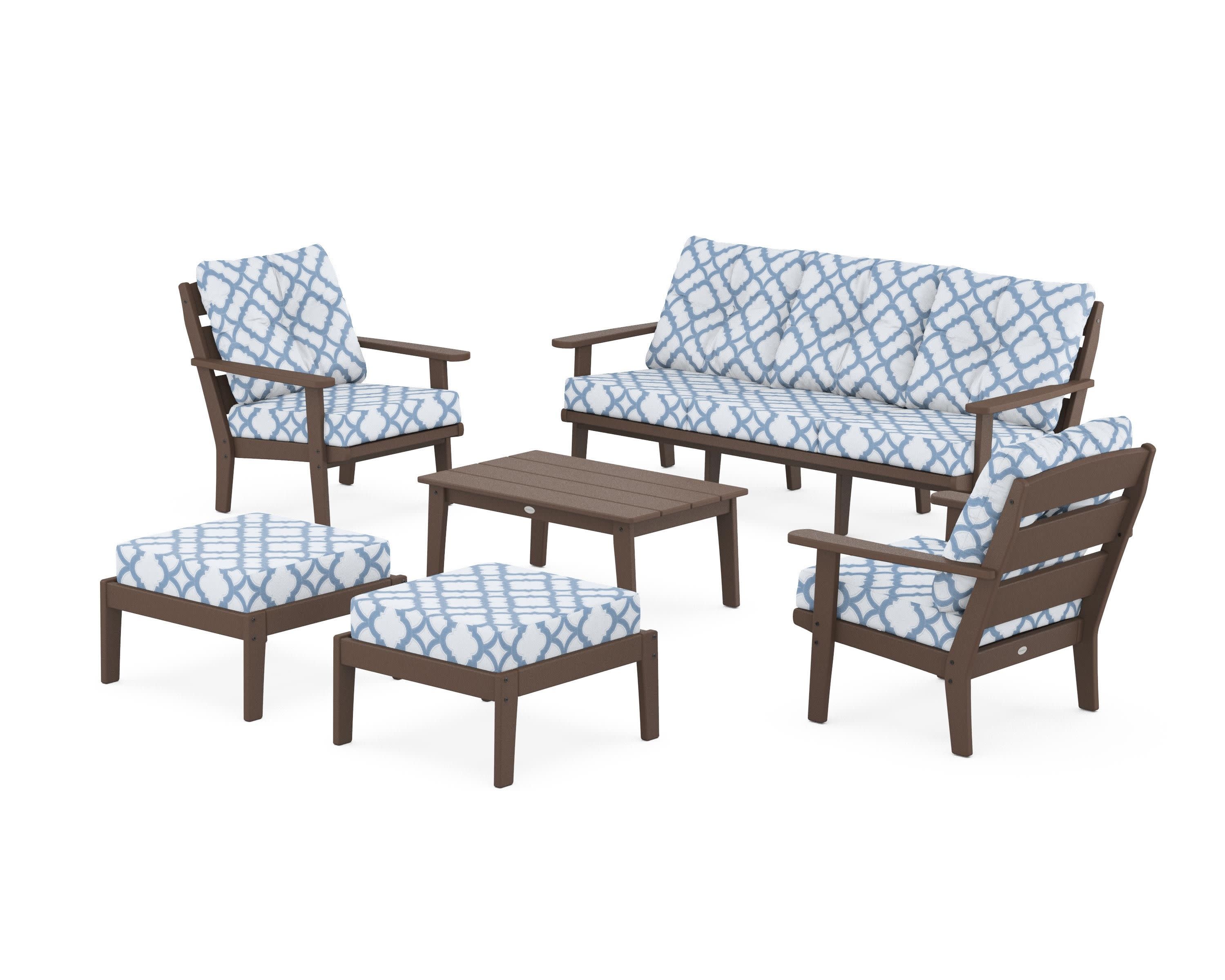 Lakeside 6-Piece Lounge Sofa Set in Mahogany / Trellis Sky Blue