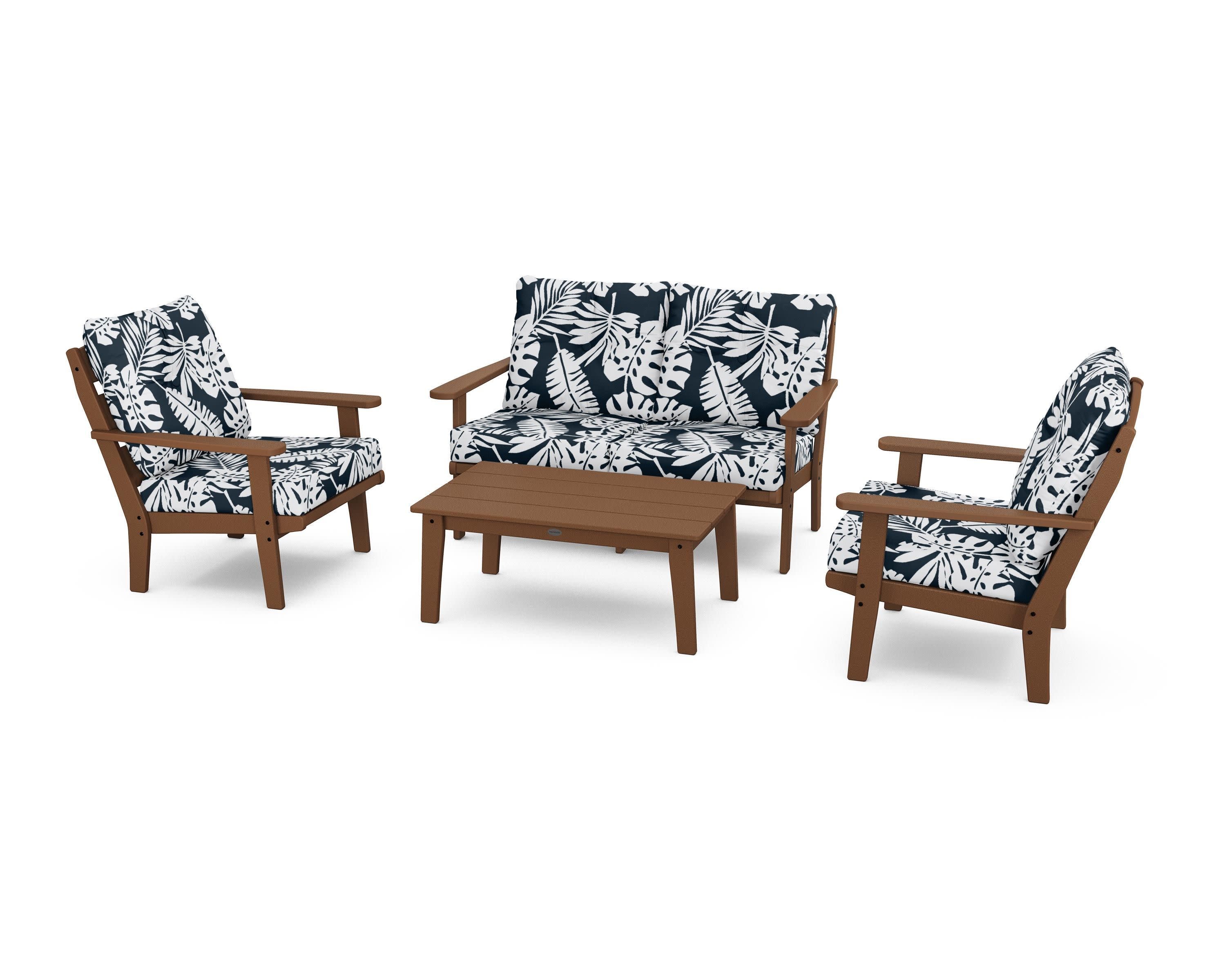 Lakeside 4-Piece Deep Seating Set in Teak / Leaf Marine Indigo
