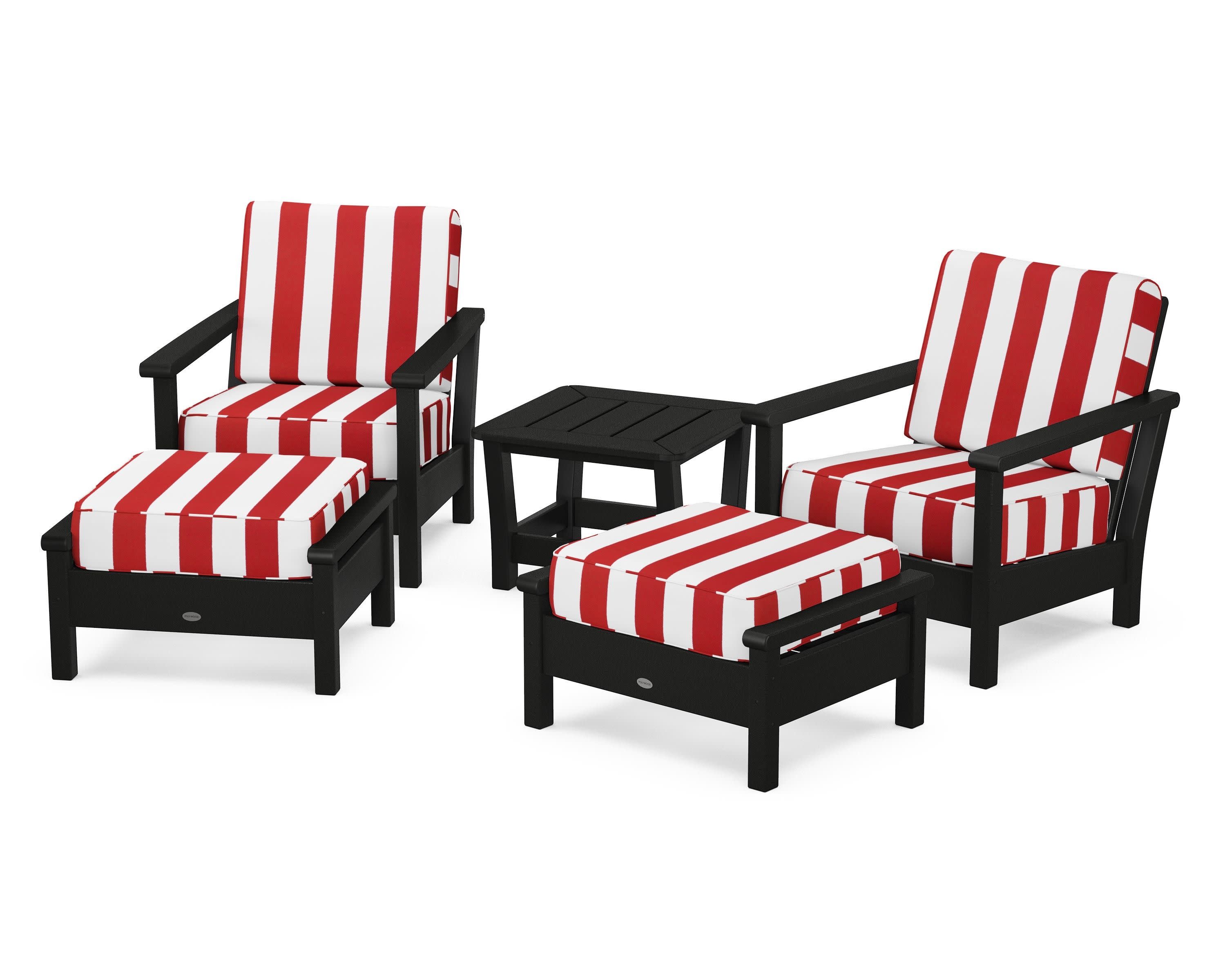 Harbour 5-Piece Deep Seating Chair Set in Black / Cabana Stripe Crimson