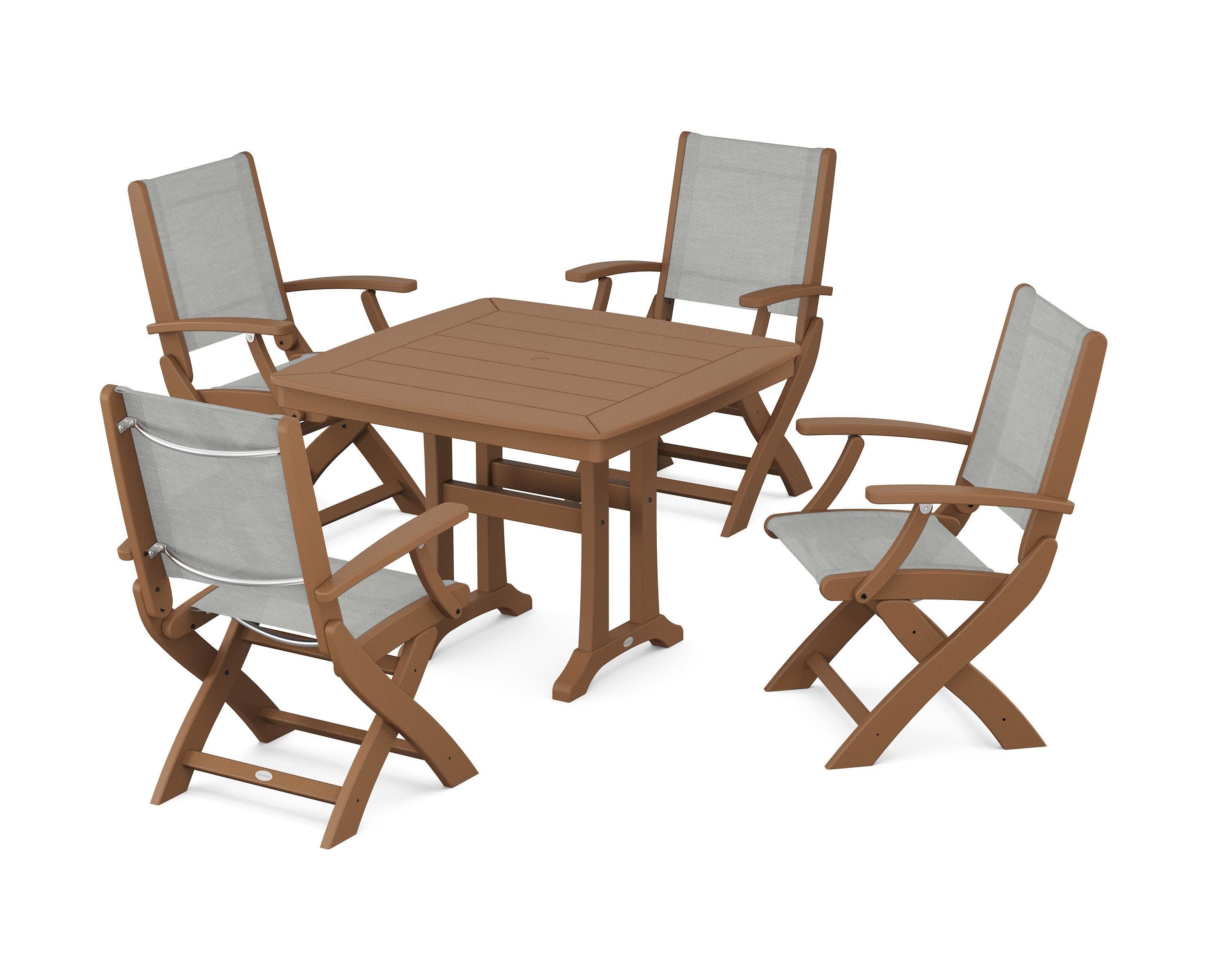 Coastal Folding Chair 5-Piece Dining Set with Trestle Legs in Teak / Metallic Sling
