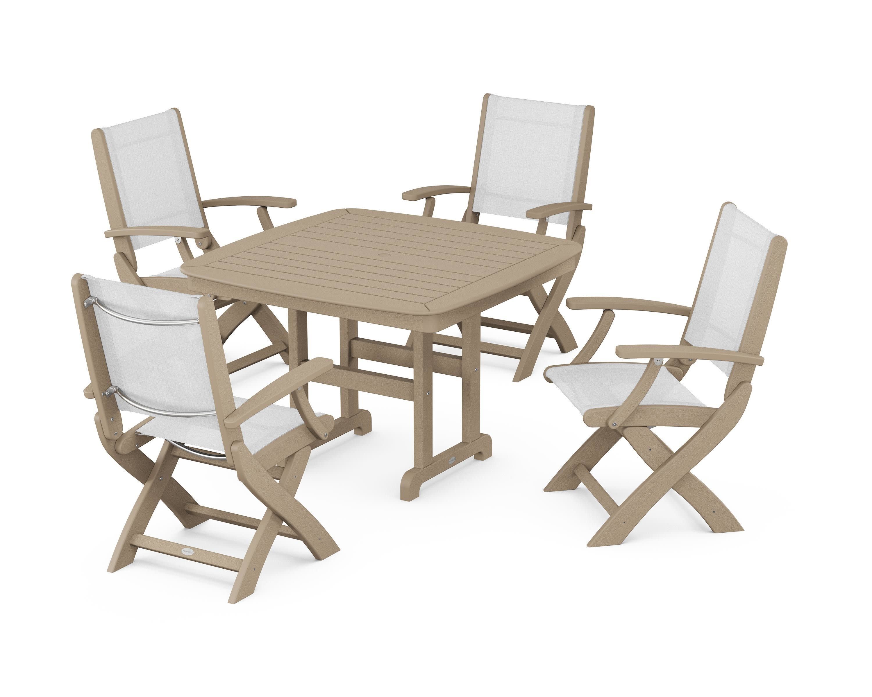 Coastal Folding Chair 5-Piece Dining Set in Vintage Sahara / White Sling
