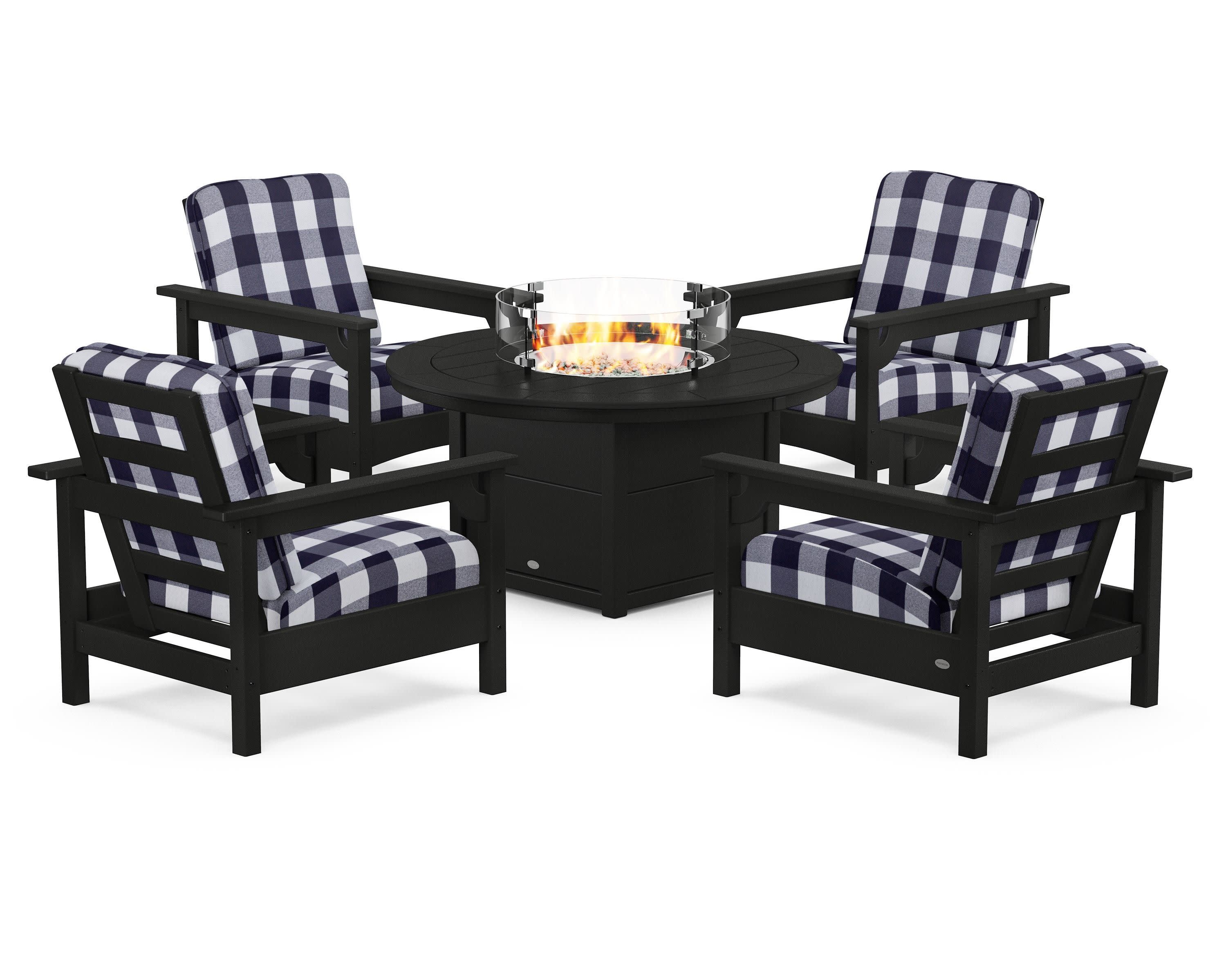 Club 5-Piece Conversation Set with Fire Pit Table in Black / Buffalo Plaid Navy