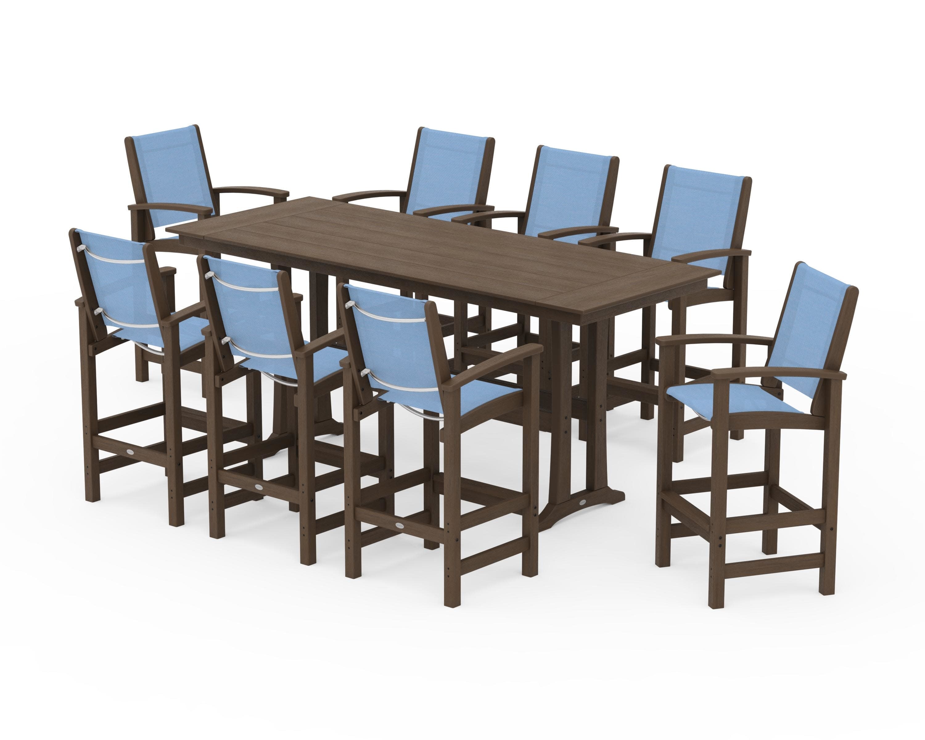 Coastal 9-Piece Farmhouse Bar Set with Trestle Legs in Kona / Poolside Sling