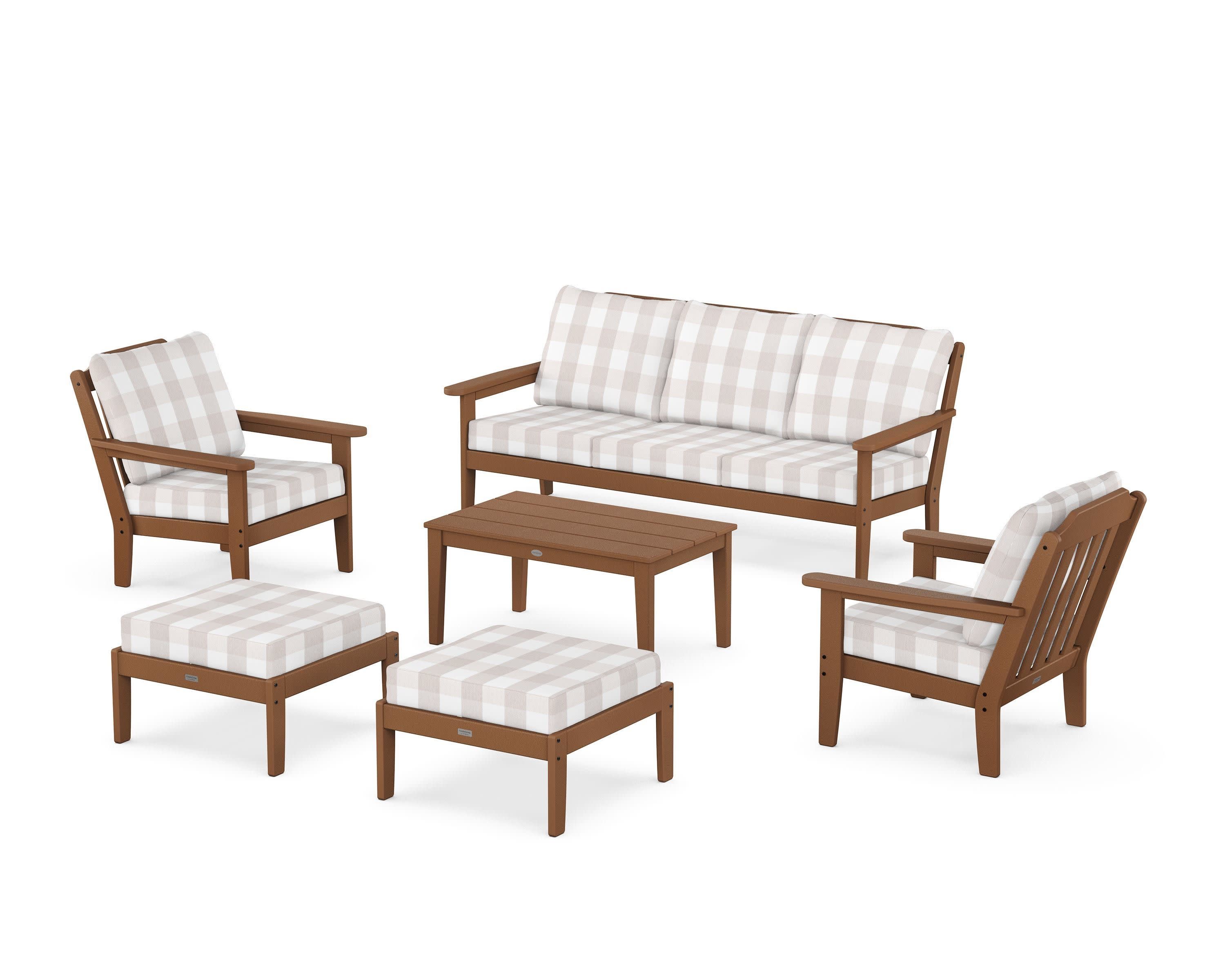 Cottage 6-Piece Lounge Sofa Set in Teak / Buffalo Plaid Dune Burlap
