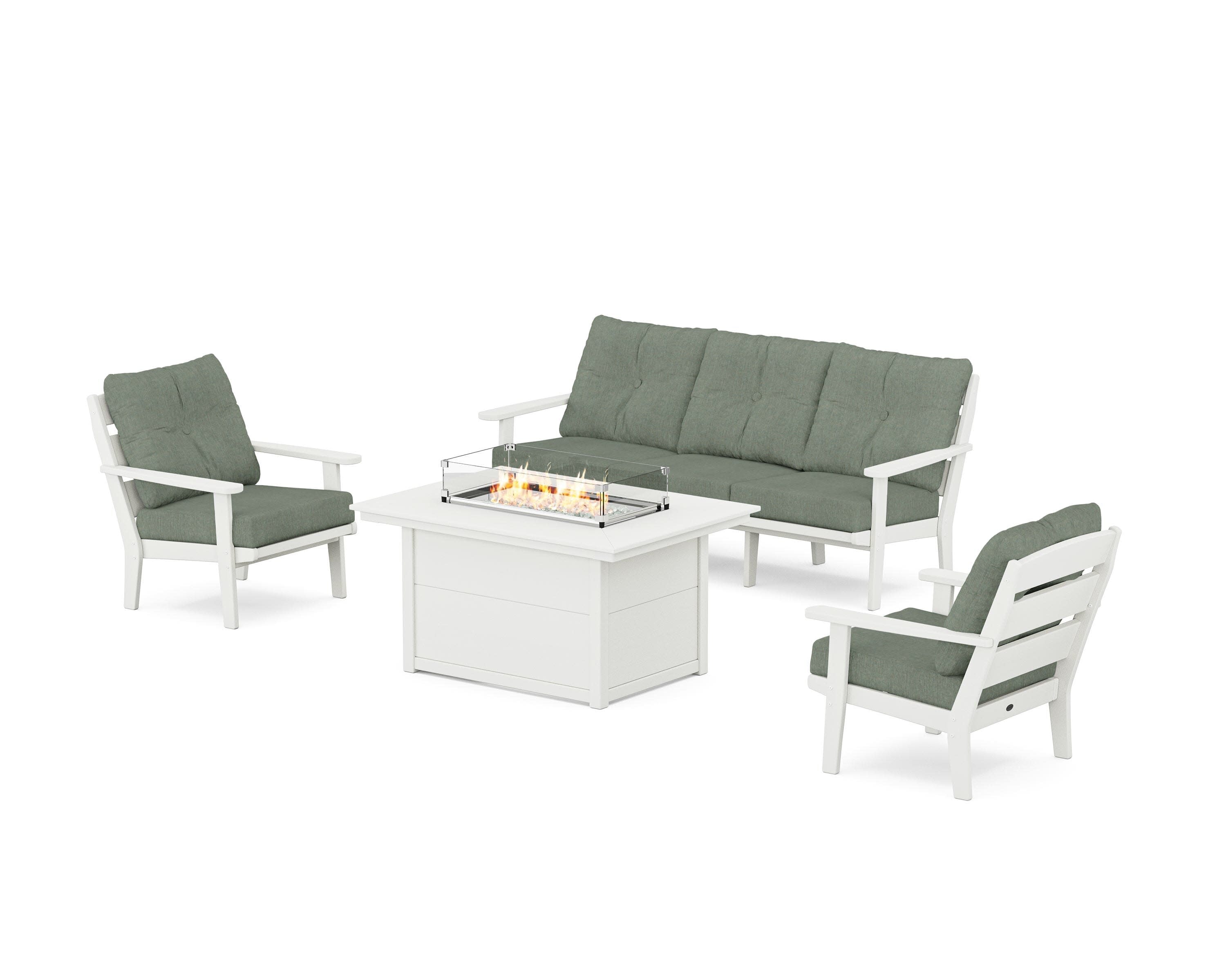Lakeside Deep Seating Fire Pit Table Set in Vintage White / Cast Sage