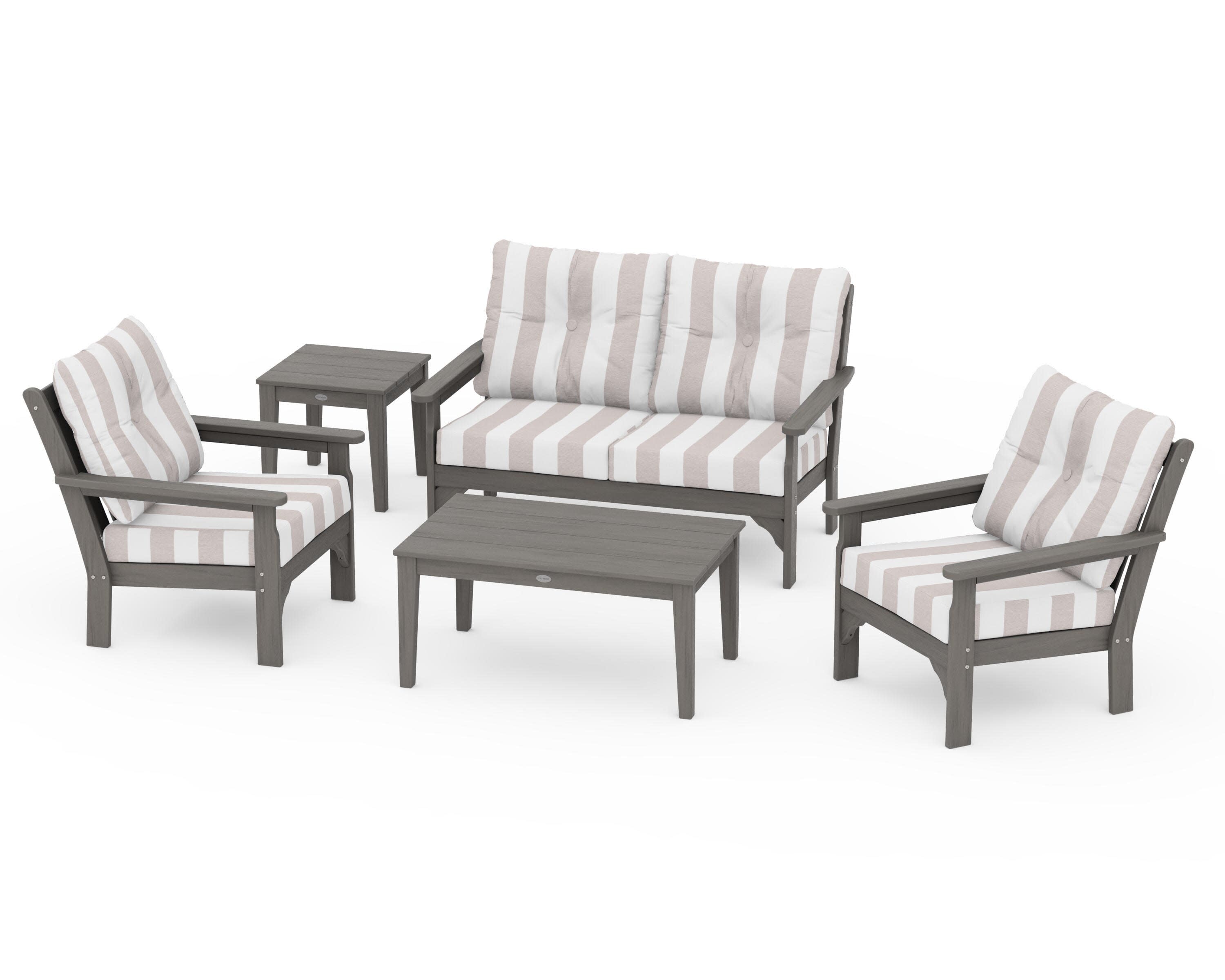 Vineyard 5-Piece Deep Seating Set in Driftwood / Cabana Stripe Dune Burlap