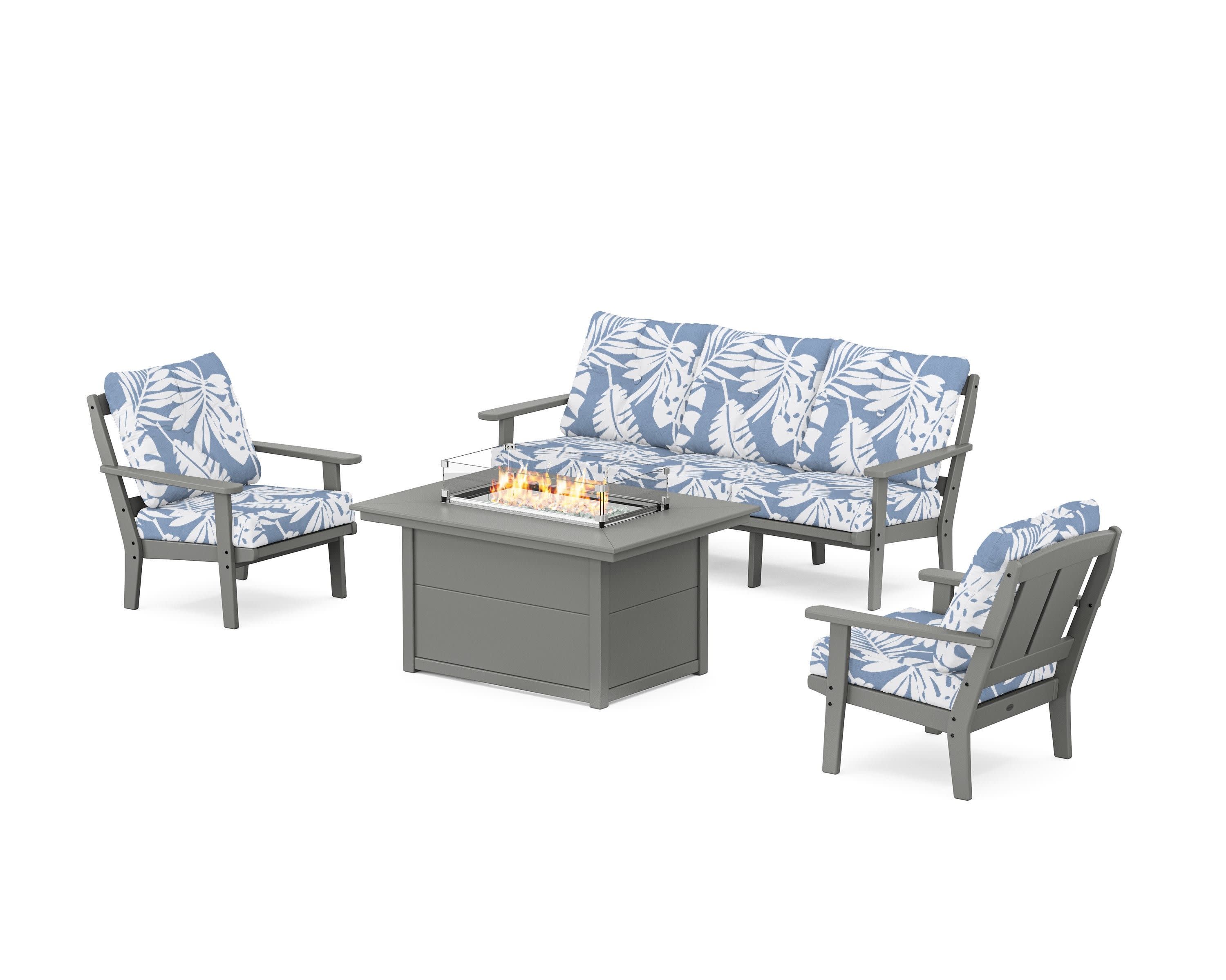 Mission Deep Seating Fire Pit Table Set in Slate Grey / Leaf Sky Blue