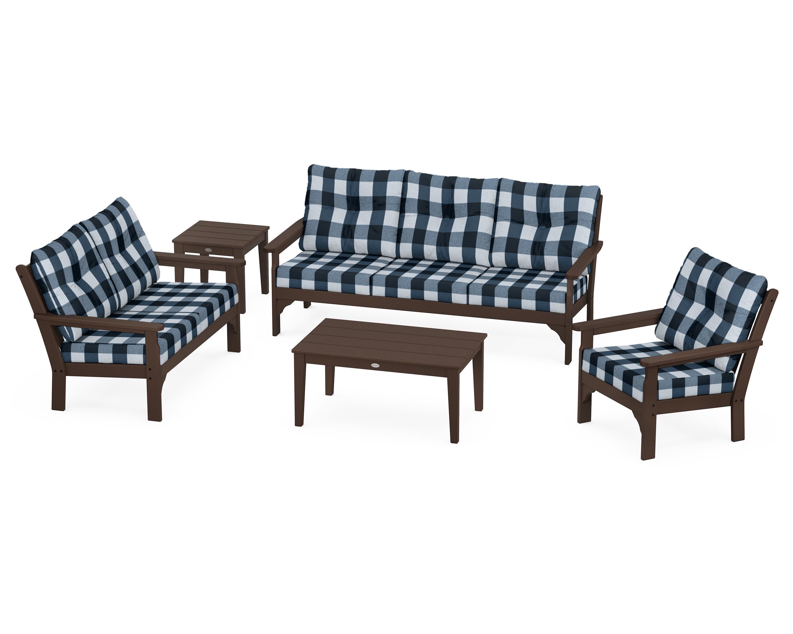 Vineyard 5 Piece Deep Seating Set in Mahogany / Buffalo Plaid Marine Indigo