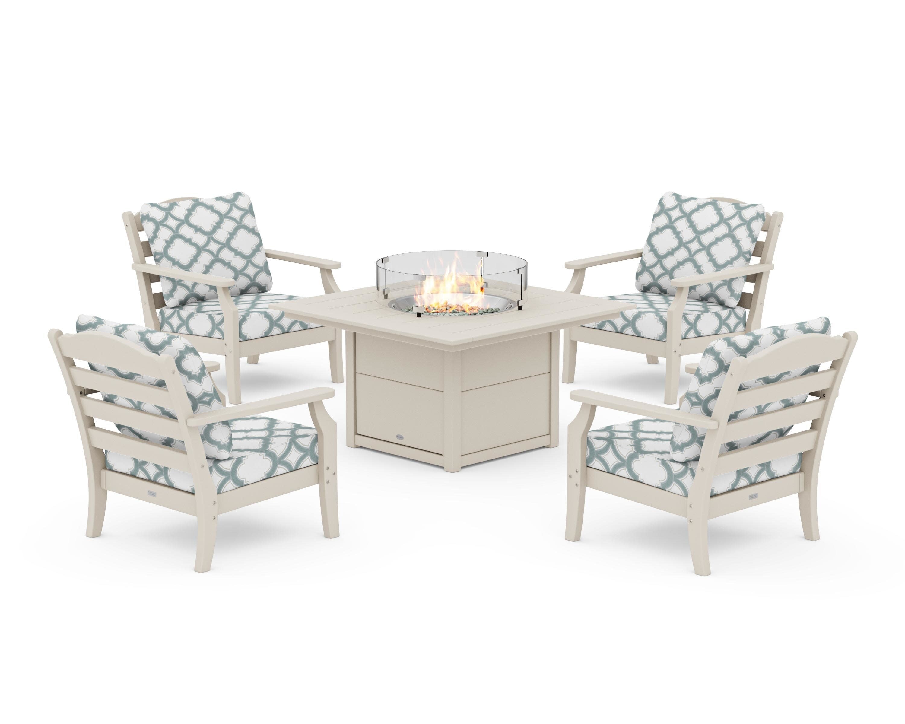 Savannah 5-Piece Deep Seating Set with Fire Pit Table in Sand / Trellis Glacier Spa
