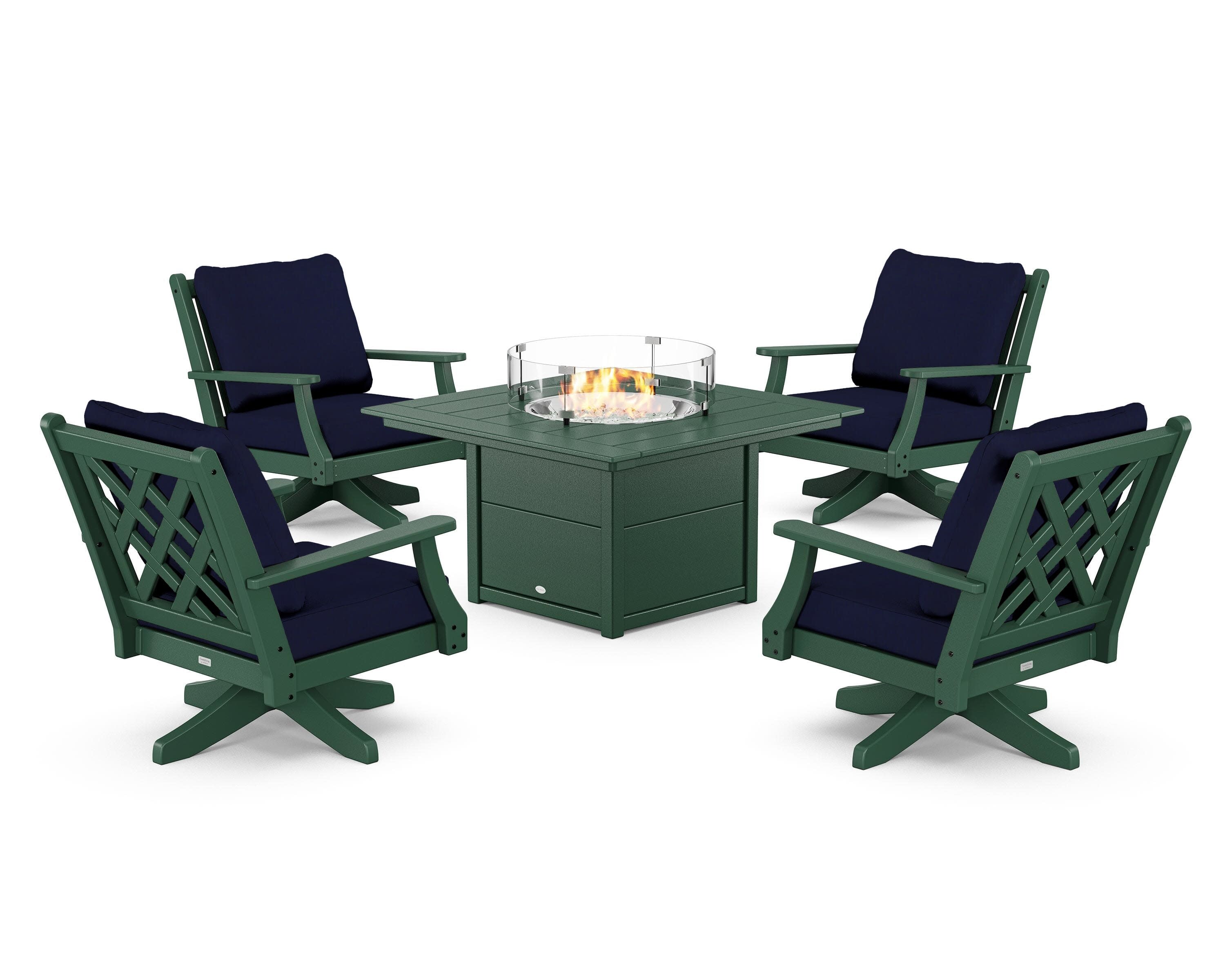 Wovendale 5-Piece Deep Seating Swivel Conversation Set with Fire Pit Table in Green / Navy