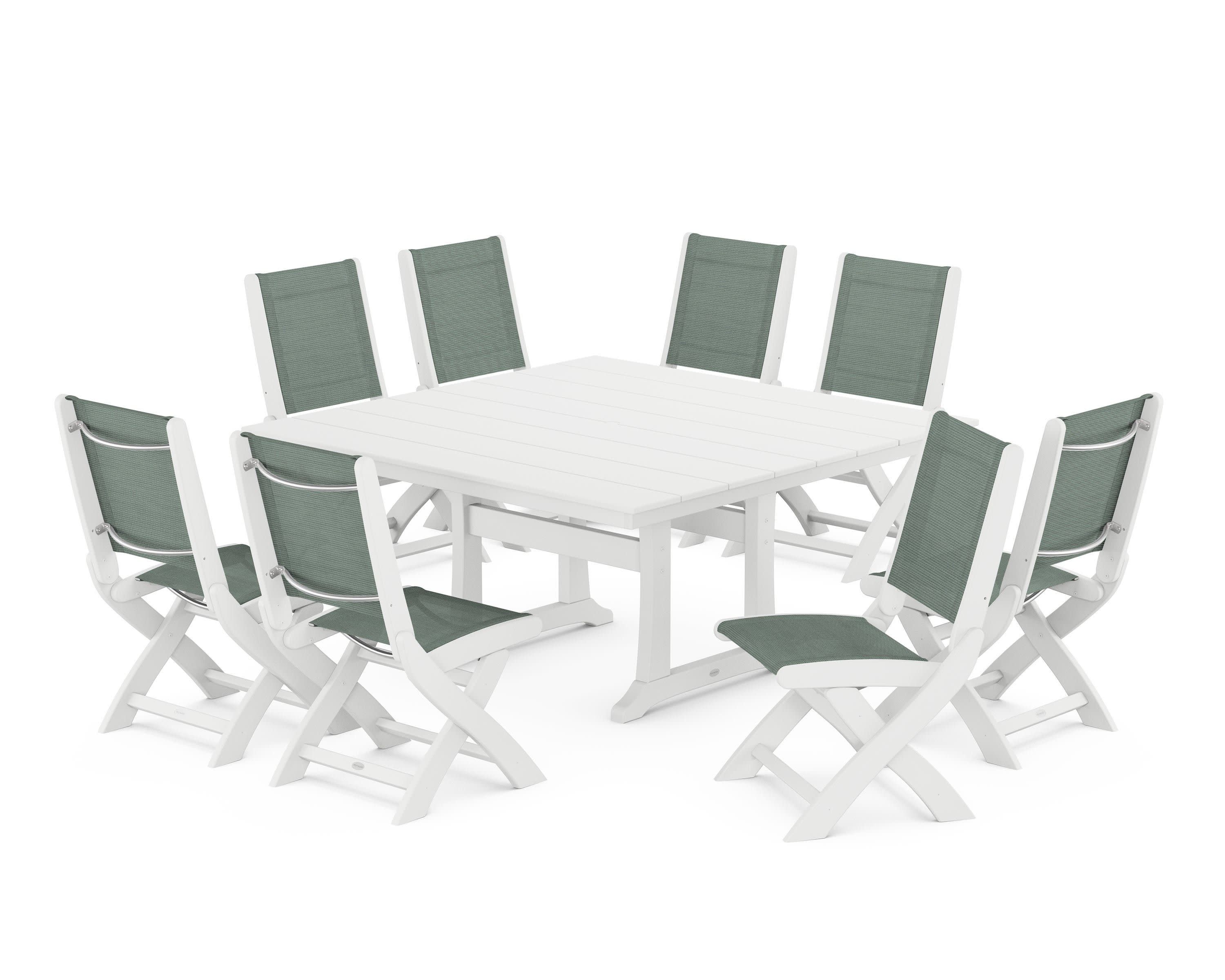 Coastal Folding Side Chair 9-Piece Farmhouse Dining Set in White / Dupioni Sea Mist Sling