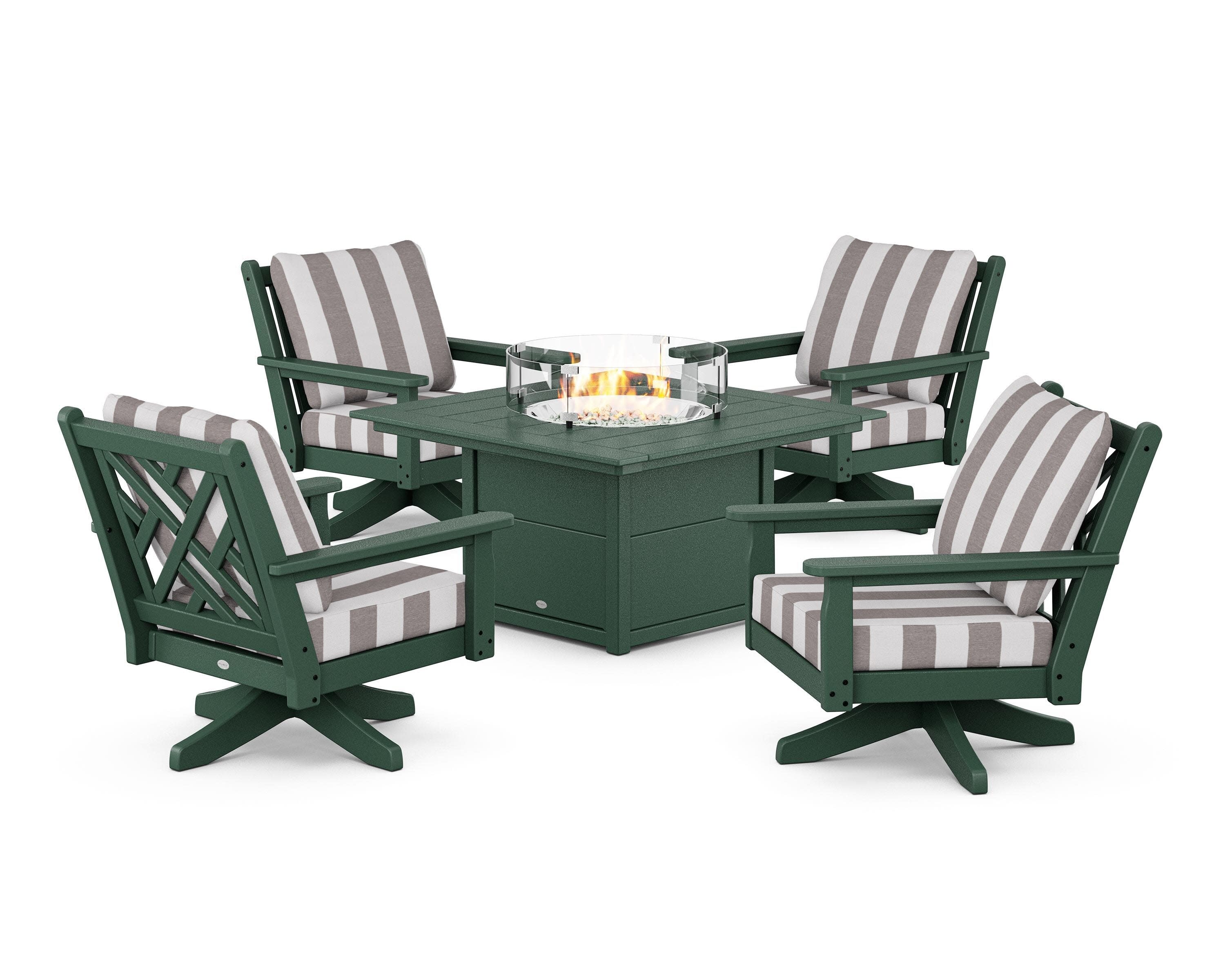 Chippendale 5-Piece Deep Seating Swivel Conversation Set with Fire Pit Table in Green / Cabana Stripe Grey Mist