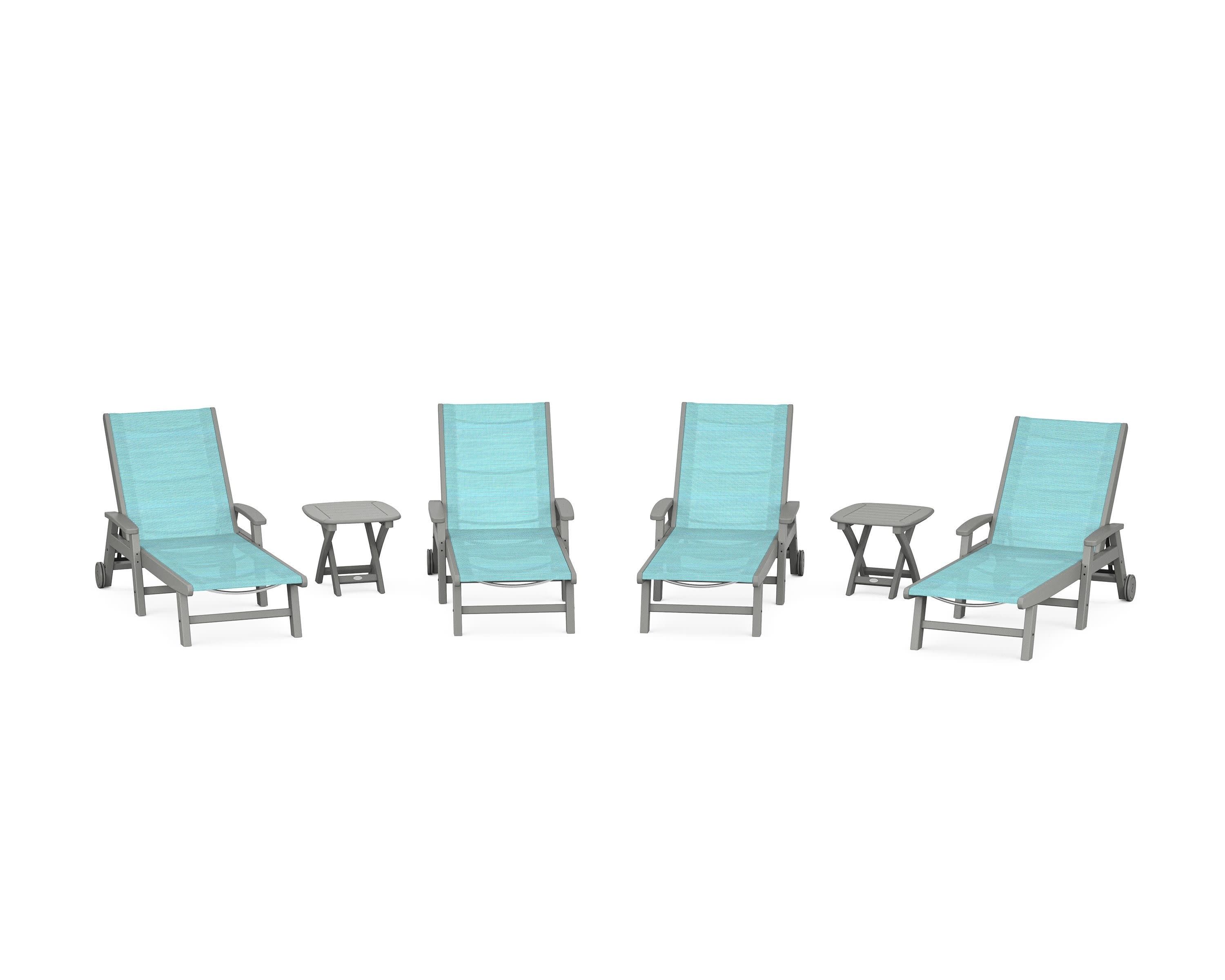 Coastal Chaise 6-Piece Set with Wheels in Slate Grey / Dupioni Aquamarine Sling